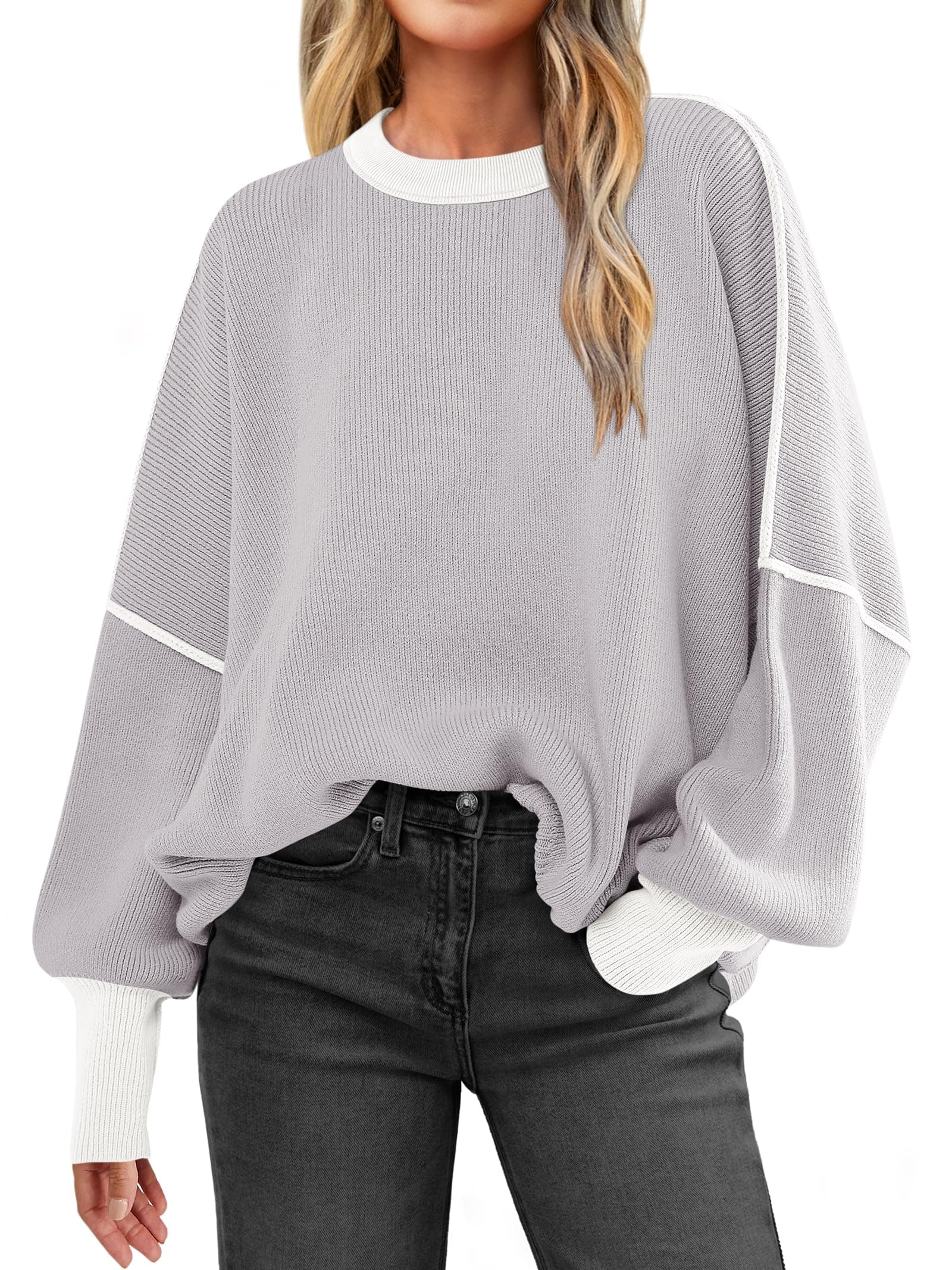 ANRABESS Womens Oversized Sweaters Fall 2025 Fashion Crewneck Batwing Long Sleeve Side Slit Knit Pullover Sweater Tops Beige Grey-L