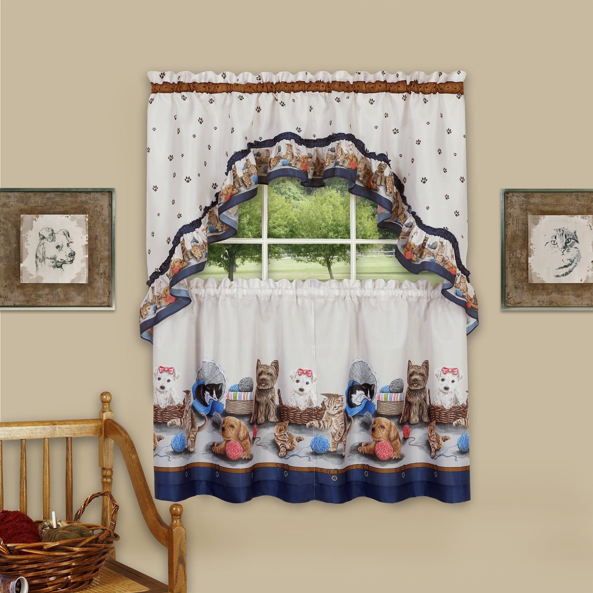 Achim Home Furnishings Precious Printed Tier and Swag Window Curtain Set, 57" x 24", Navy