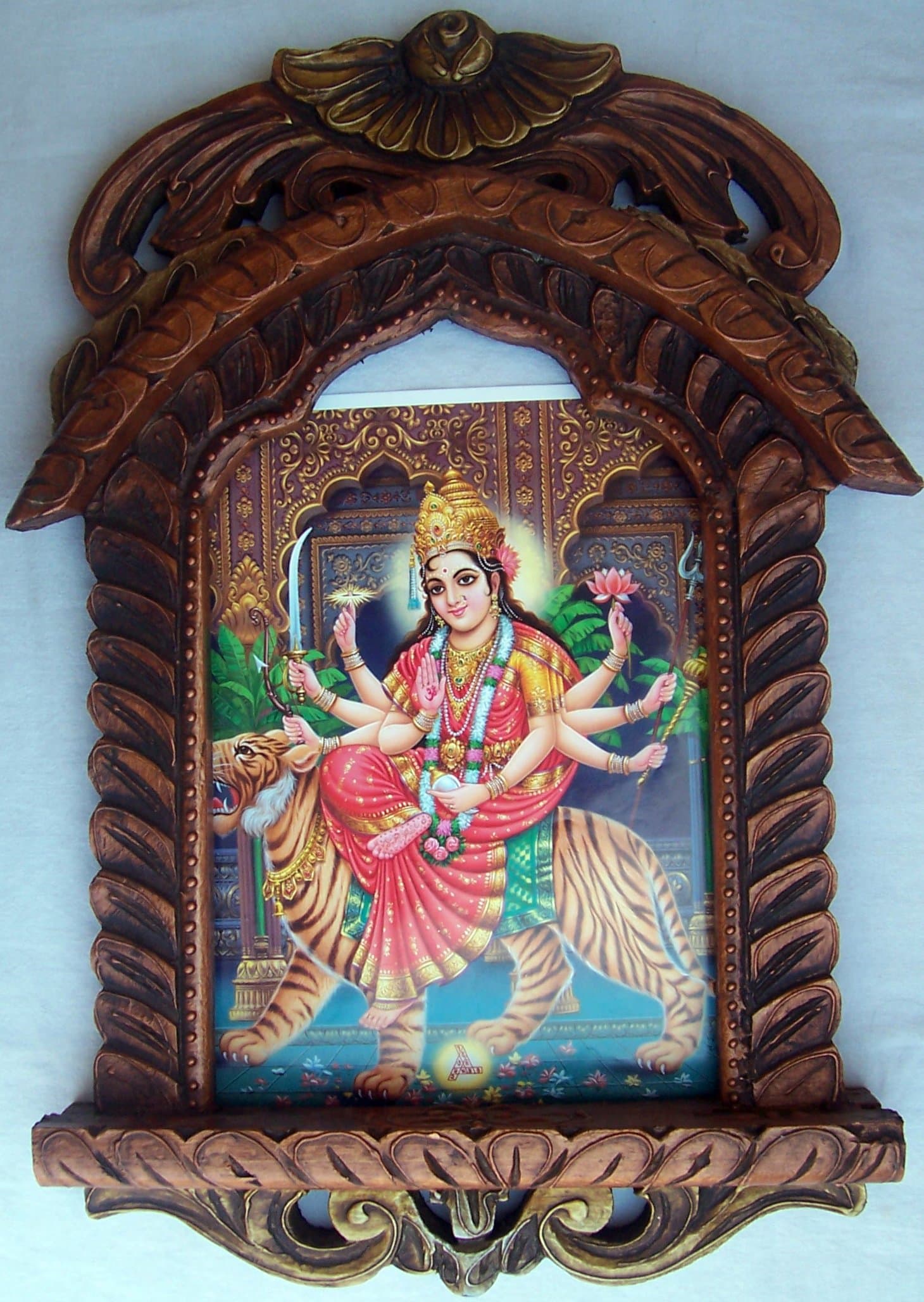 Hindu Godess Maa Vaishano Devi Giving Blessings Poster Painting in Wood Craft Jharokha