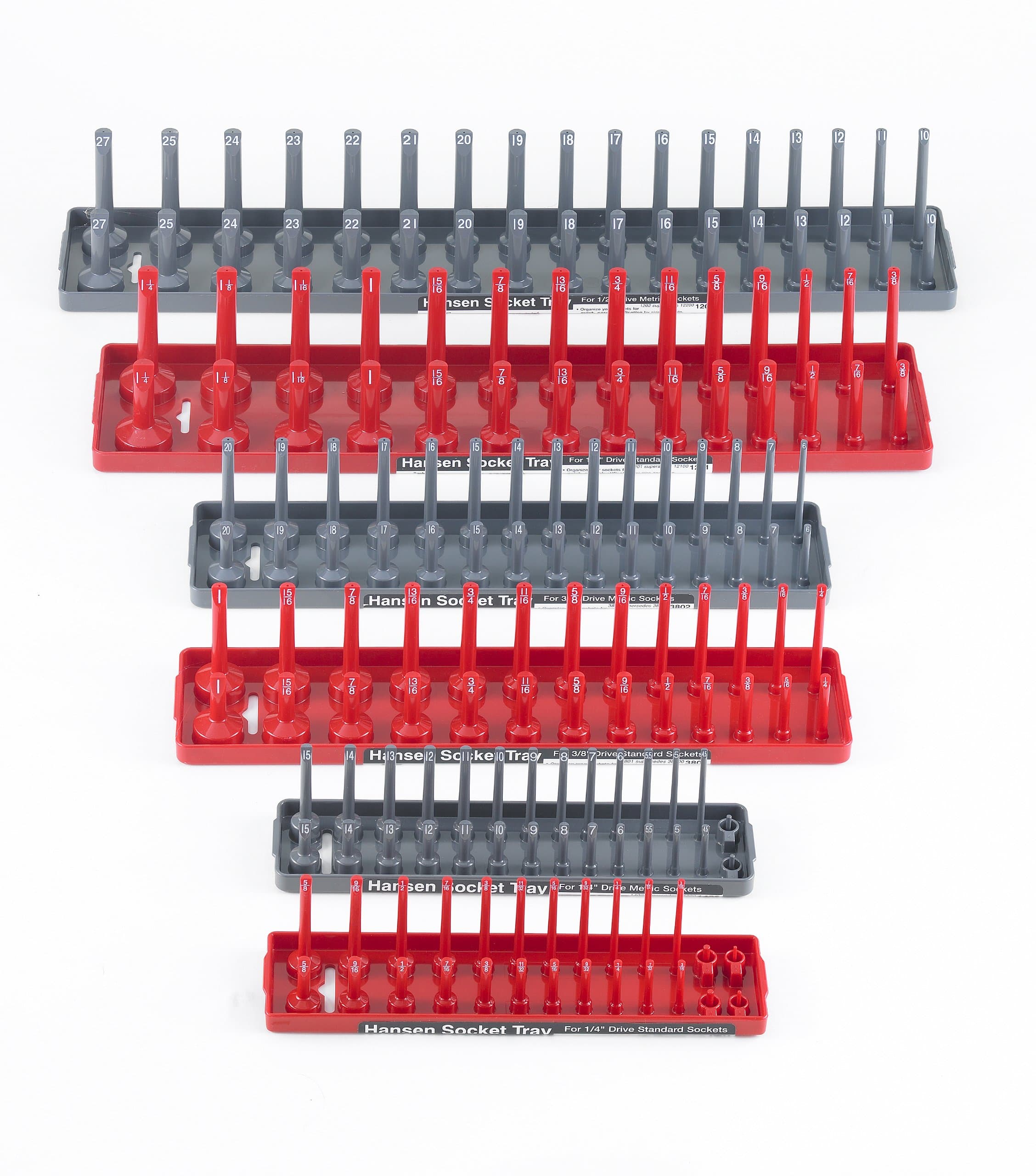 Hansen Global92000 SAE & Metric, 2-Row Socket Tray Set - 6-Pieces, Red & Grey