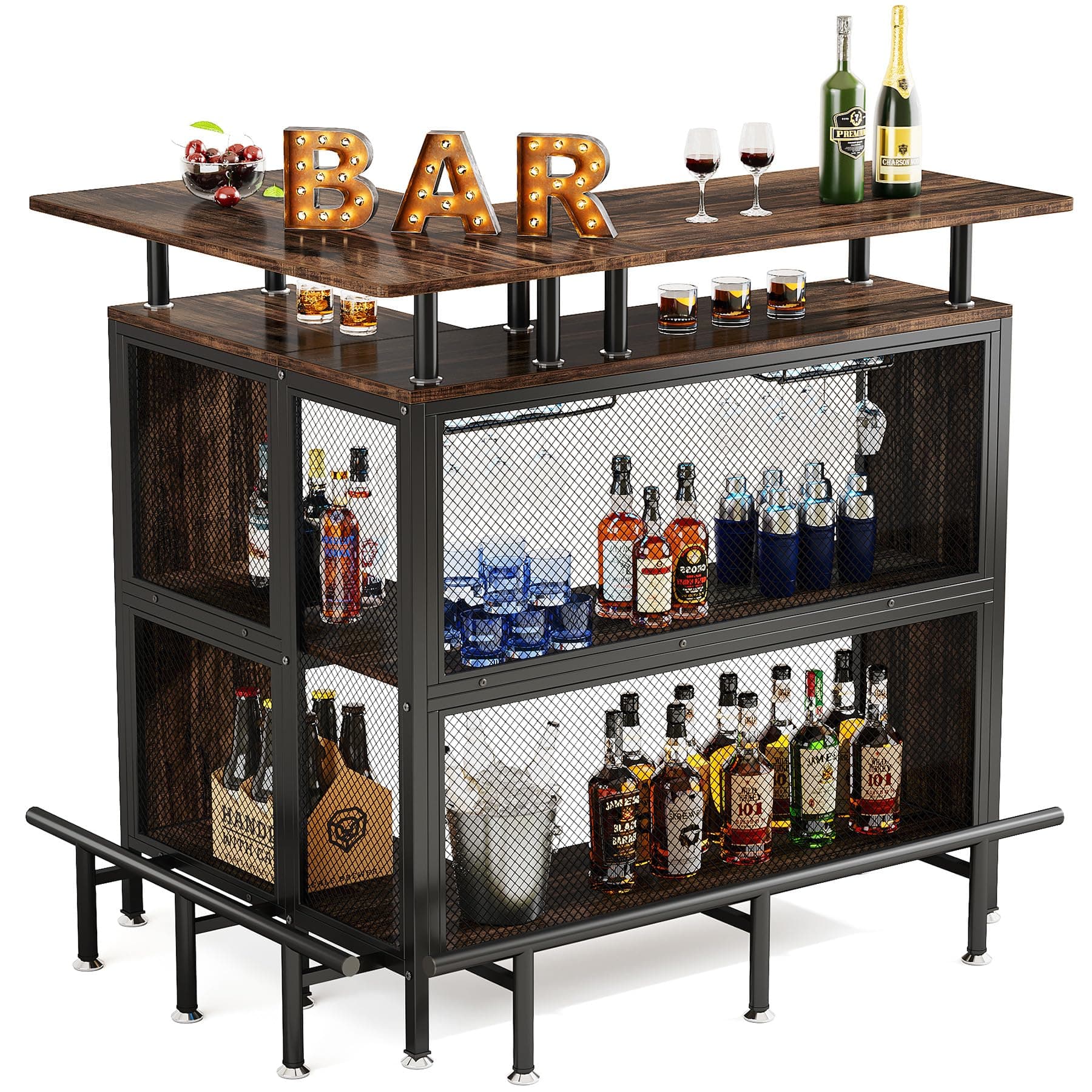 Home Bar Unit Mini Liquor Table Cabinet, Black+Brown
