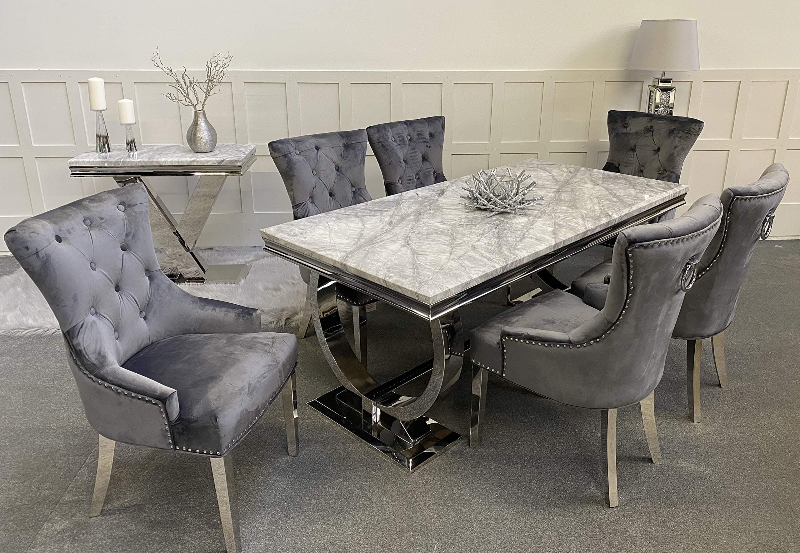 Schwarze Furniture Arianna Grey Marble Mirrored Dining Table and 6 Carlton Chairs Set