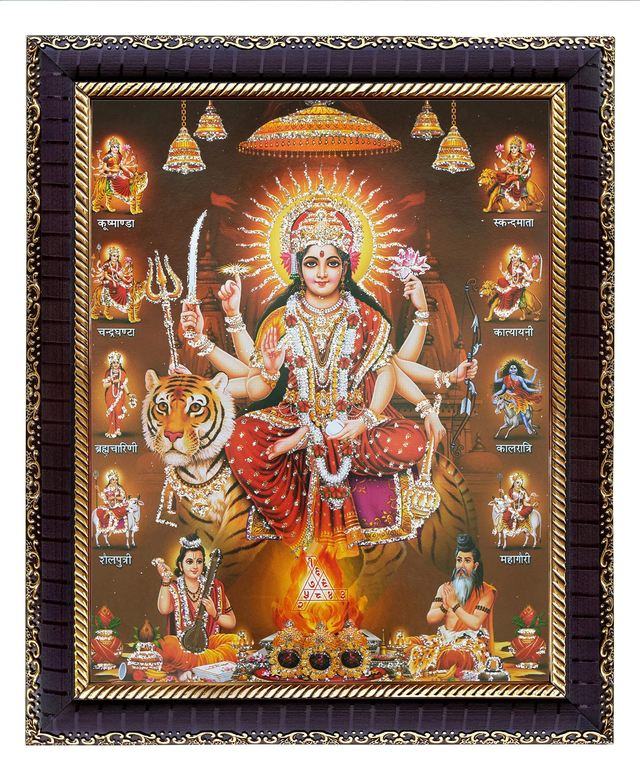 KHANNA Durga maa/ambe/sherawali/nav Durga / 9 Form on Tiger Photo Frame for Wall Hanging/Gift/Temple/puja Room/Home Decor with Acrylic Sheet (Glass) (navdurga_darkmagenta, Synthetic Wood)