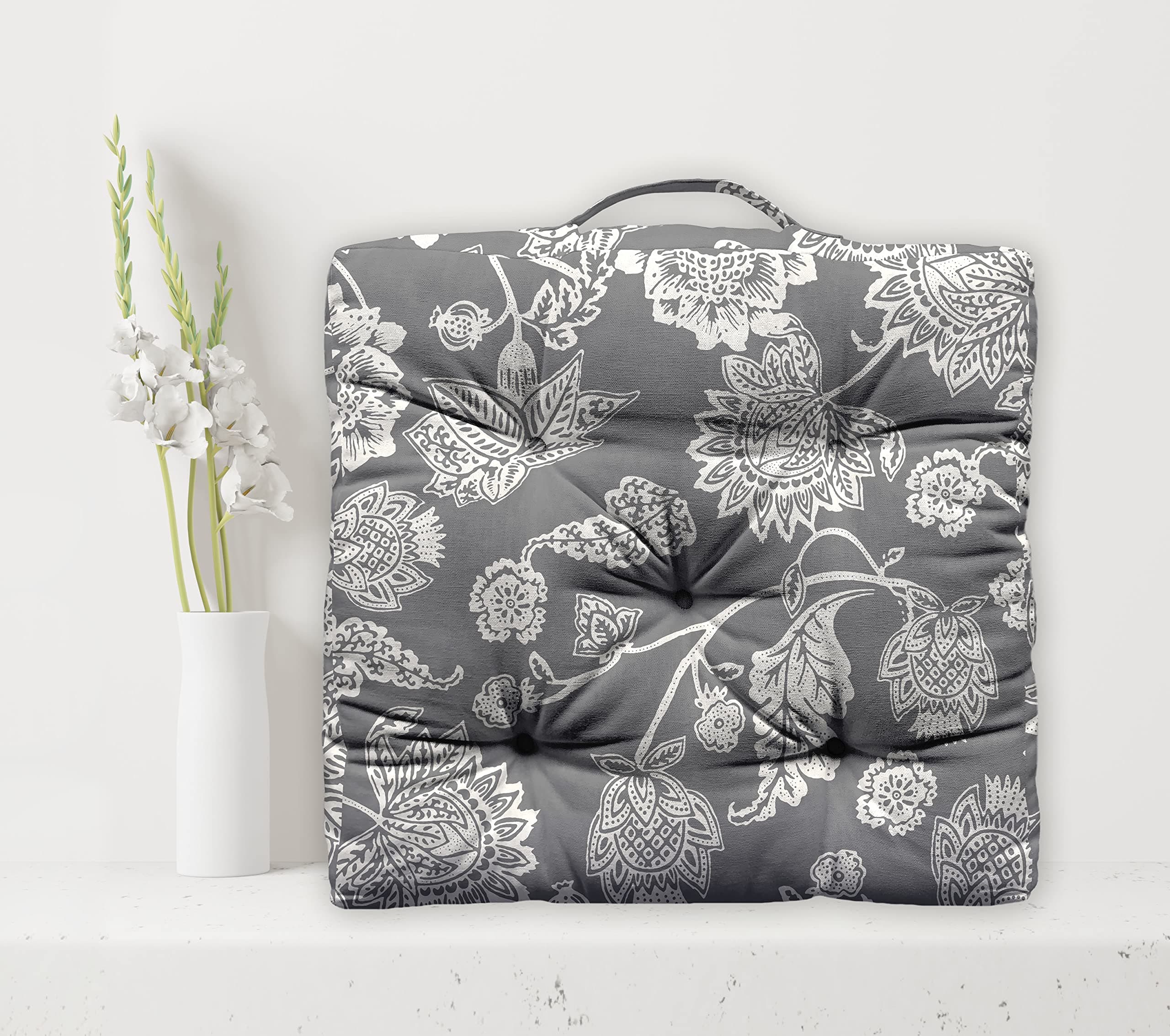 Cotton Shell with Natural Cotton Printed Floor Cushion - (Grey Flower , 40 X 40 cm)