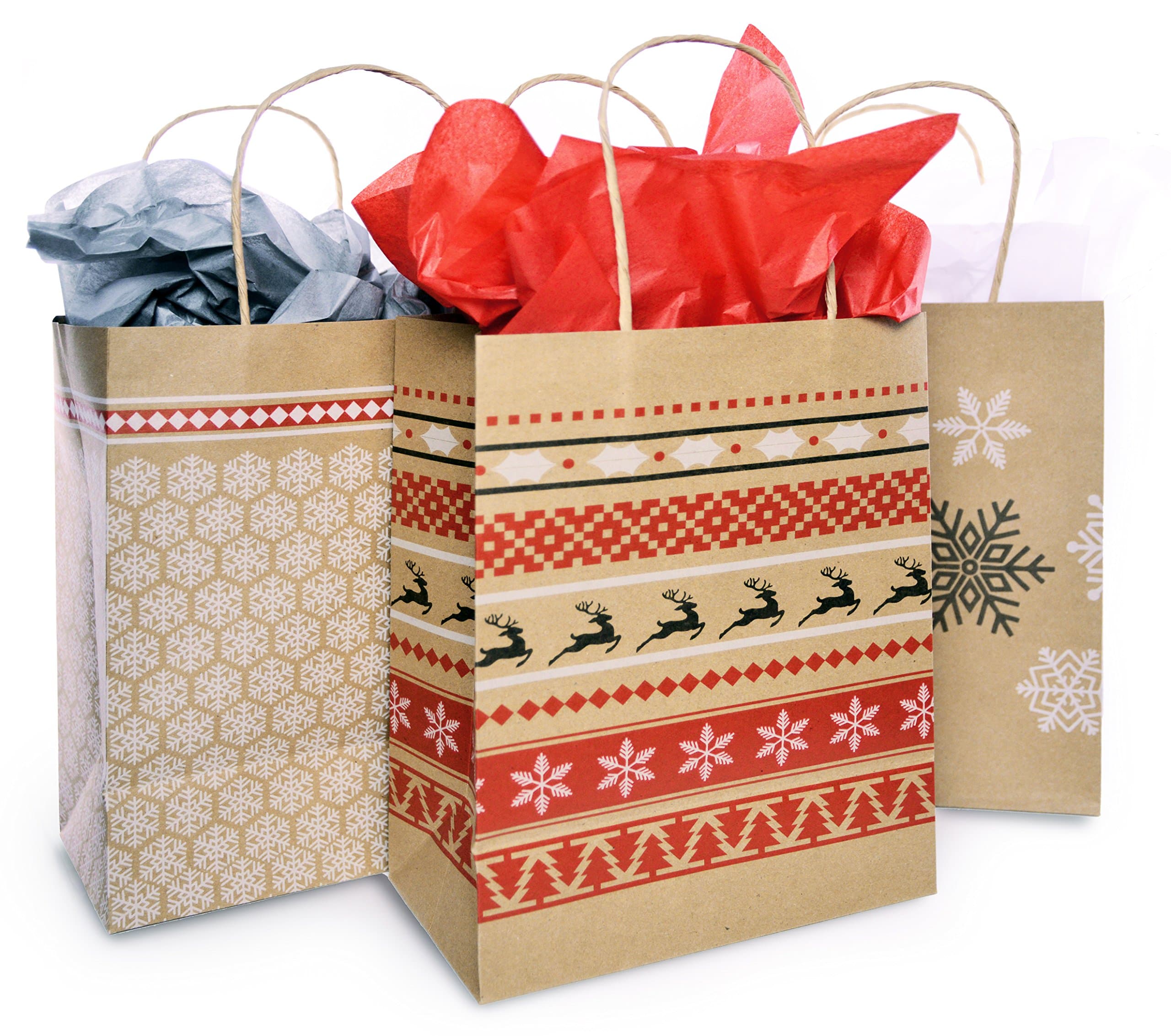 Christmas Gift Bag Set with Tissue Paper Included | Red & White Nordic Print Gift Bag | Paper Kraft Bags in 3 Assorted Holiday Designs with Matching Tissue Paper | Xmas Fair Isle Bulk Packaging (12)
