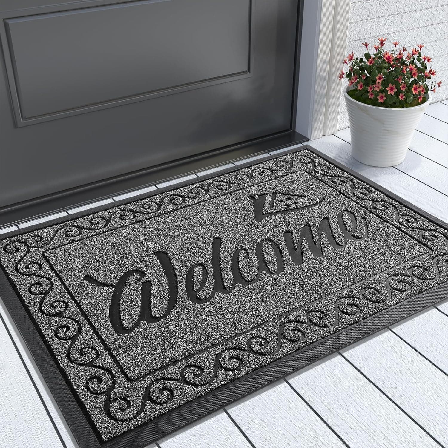 Yimobra Welcome Mat, Heavy Duty Sturdy Door Mats for Home Entrance Outdoor Indoor, Front Doormat for Outside Patio Floor Entry Porch Garage Office, Waterproof, Low Profile, 29.5x17, Black Grey