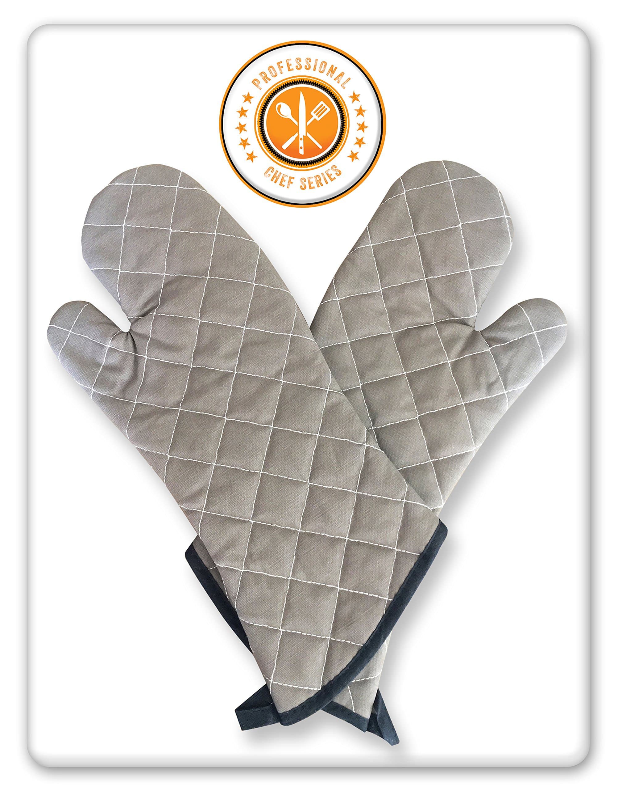 Oven Mitts Professional Chef Grey. 2 Sets. Extra Long-One Size Fits All. Added Protection from Grease Splatter, Steam Burns. Ideal for Super Hot Ovens, Deep Fried Turkey, BBQ and Fireplace.