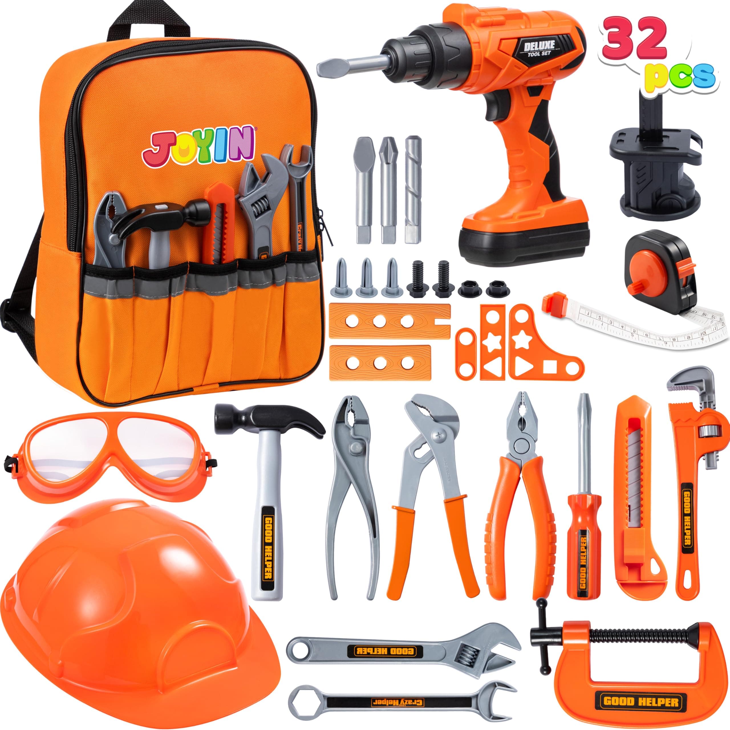 JOYIN 32PCS Kids Tool Set, Toddler Tool Toys with Construction Backpack Costume & Electronic Toy Drill for Boy Girl Easter Basket Stuffers Birthday Gift for Toddler Boys Age 3 4 5 6