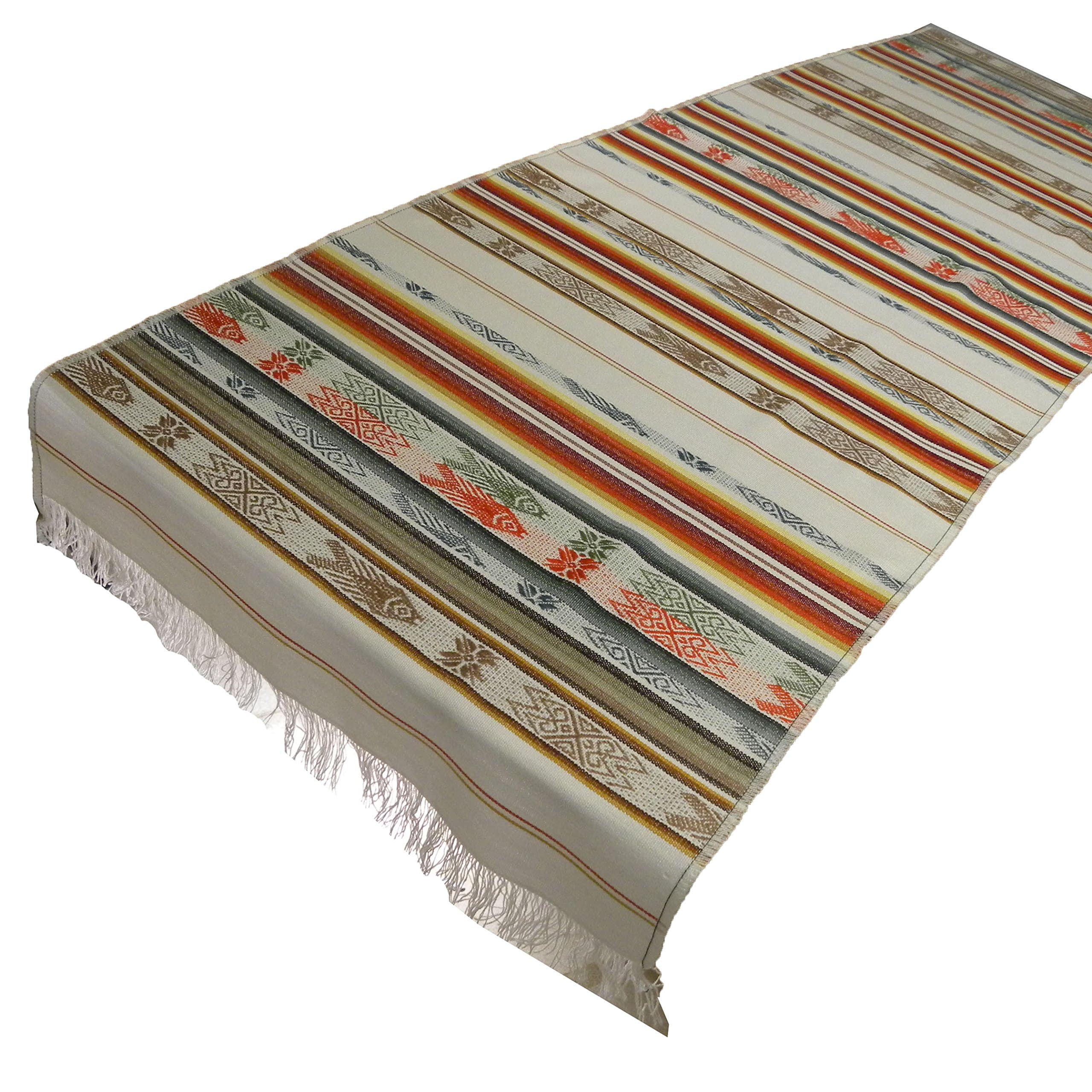 Minga Serape Hand Woven Traditional Fish Pattern Tablerunner, White