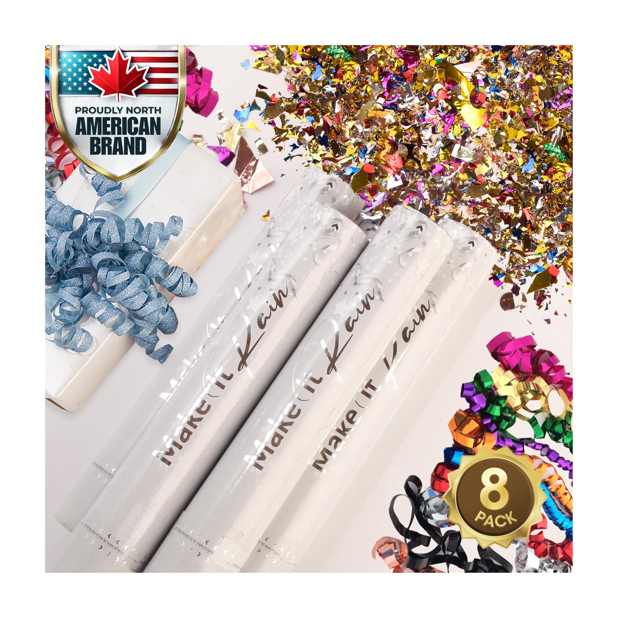 PrimePure Confetti Cannon Party Poppers - Metallic Foil Multicolor Confetti Poppers & Streamers - 8 Pack - Party Cannon Glitter Bomb Pop Gun for Birthday, Graduation, Celebration, Pranks