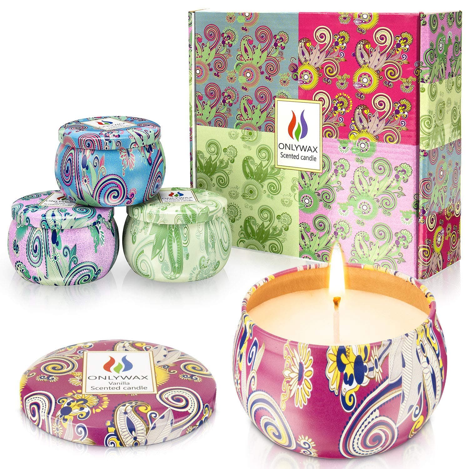 4 x 125 Grams Scented Candles, Soy Wax Aromatherapy Candle Gift Set for Women, Rose, Lavender, Vanilla, Lemongrass