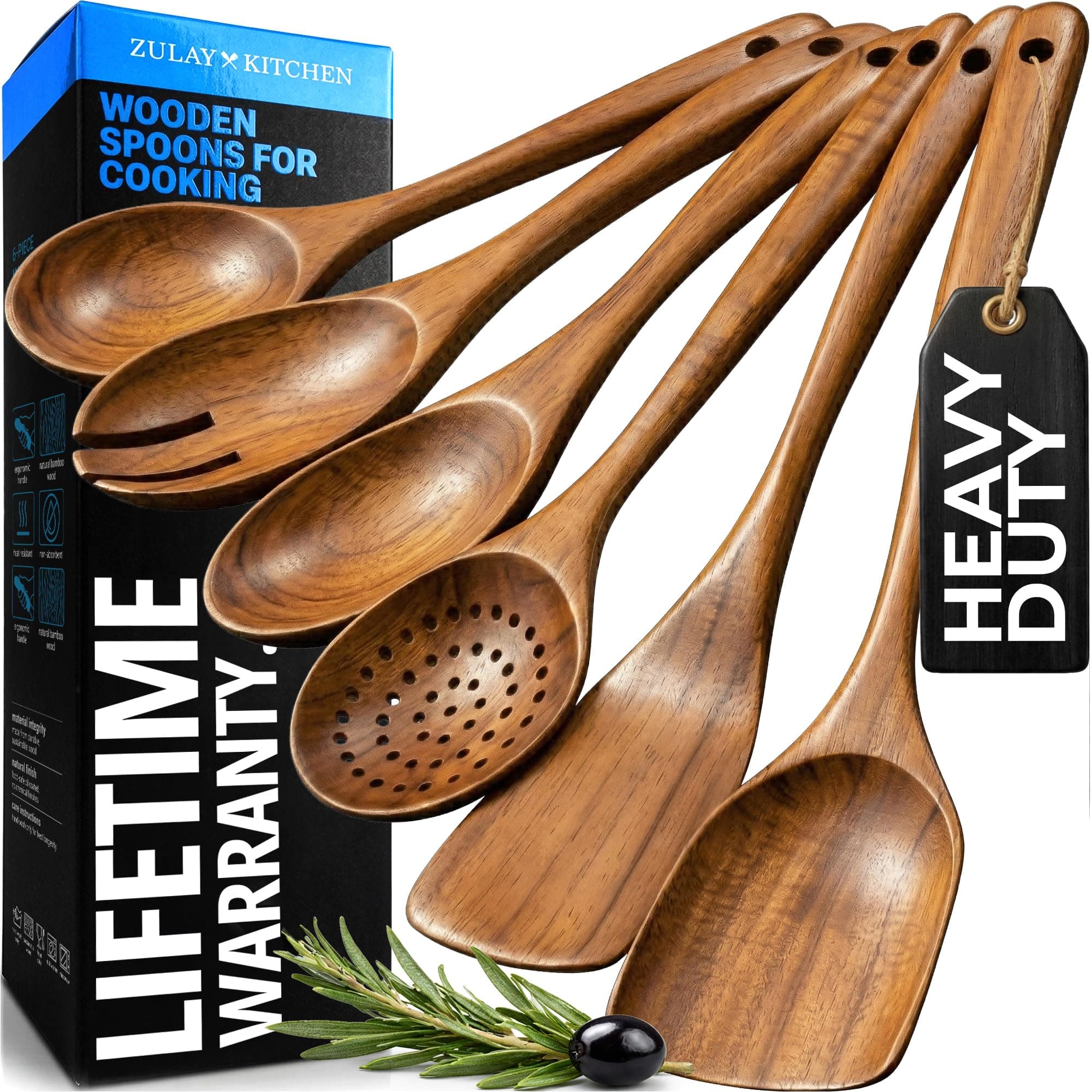 Zulay Kitchen 6 Piece Wooden Spoons for Cooking – Natural Teak Wooden Utensil Set, Easy to Clean, Durable, Smooth with Comfort Grip - Non Toxic Wooden Cooking Utensil Sets