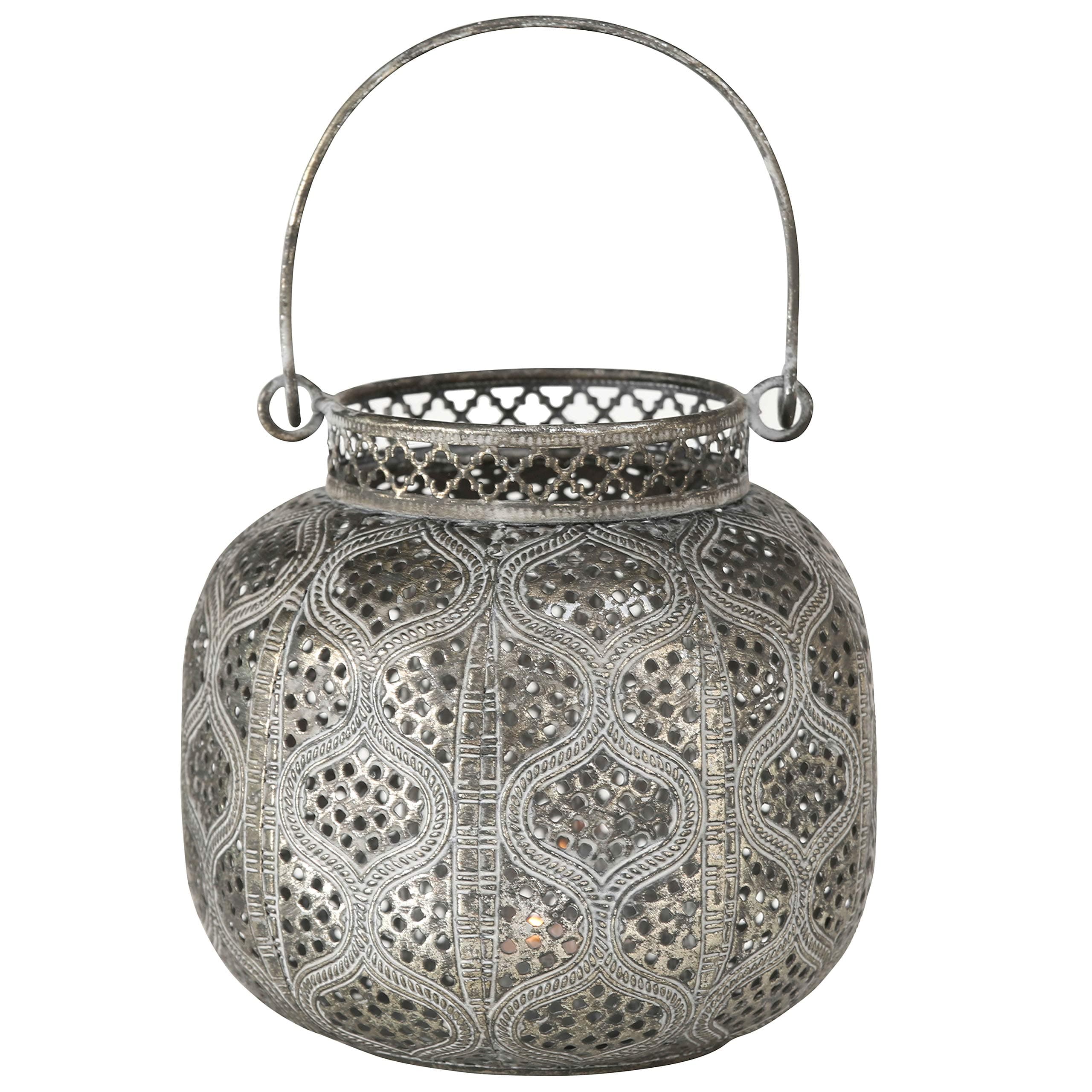 Chubby Belly Candle Lantern, Moroccan Metal Lattice Work, Hurricane for Votives and Tea Lights, Distressed Gold, White Gray Patina, Iron, 5.5 Inches