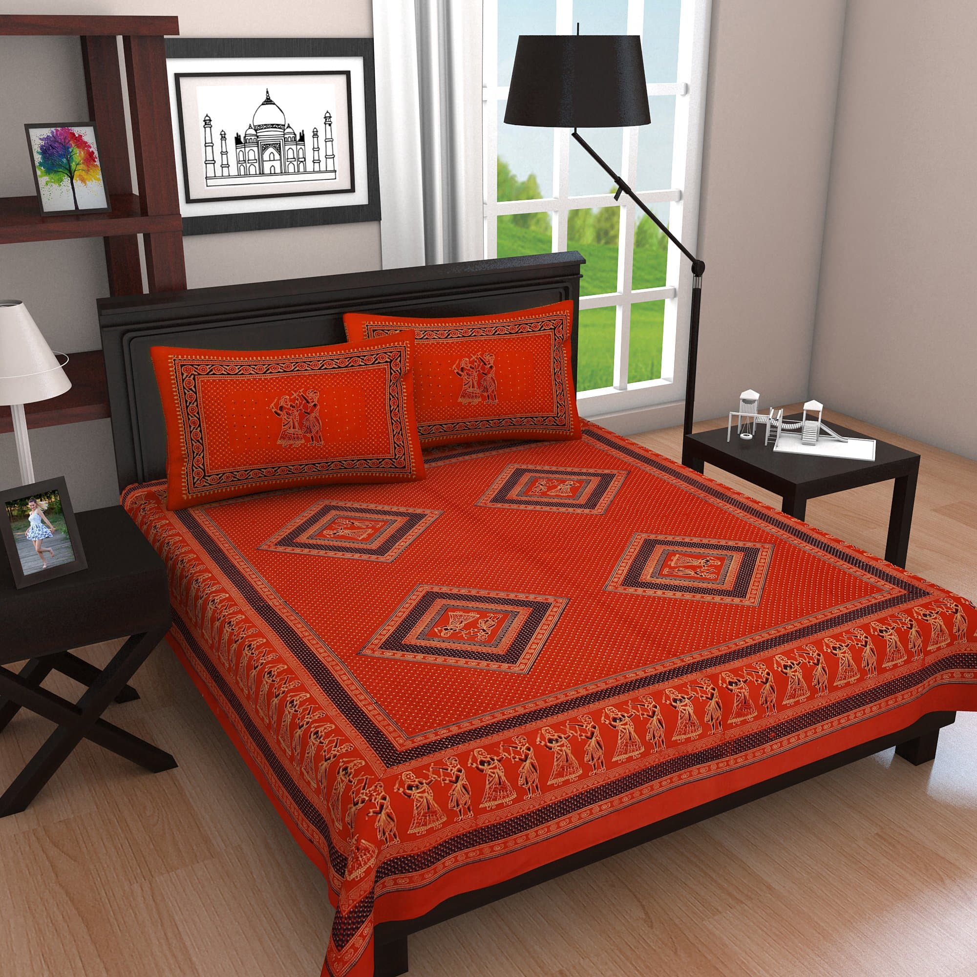 Handmadeo artize Pure Cotton Indian King Size Doublebed Bedsheets Rajasthani Traditional Tapestry Mandala Bohemian Boho Hippie Sanganeri Elephant Camel folk dance Motifs Style with 2 Pillow Cover