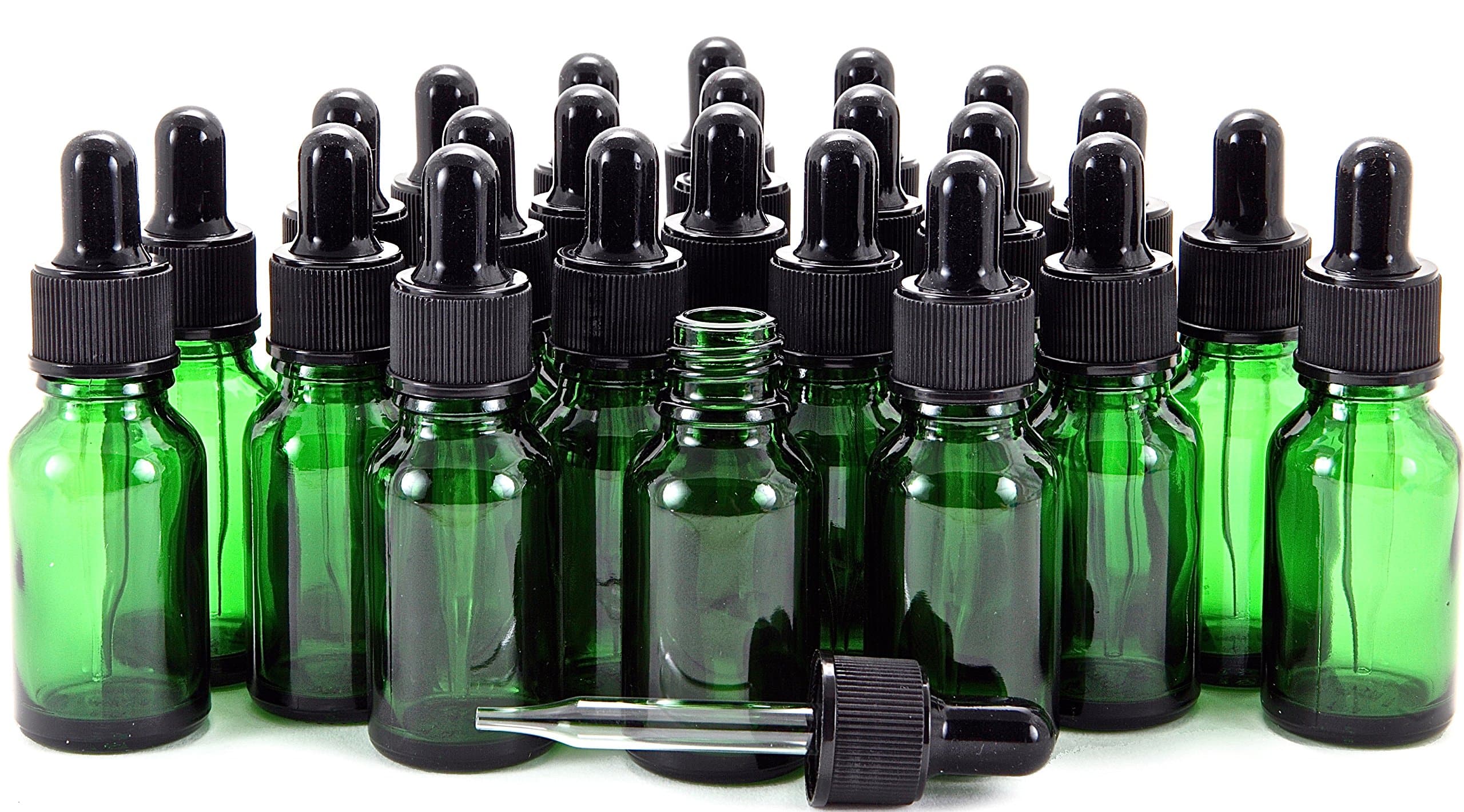 24, Green, 15 ml (1/2 oz) Glass Bottles, with Glass Eye Droppers