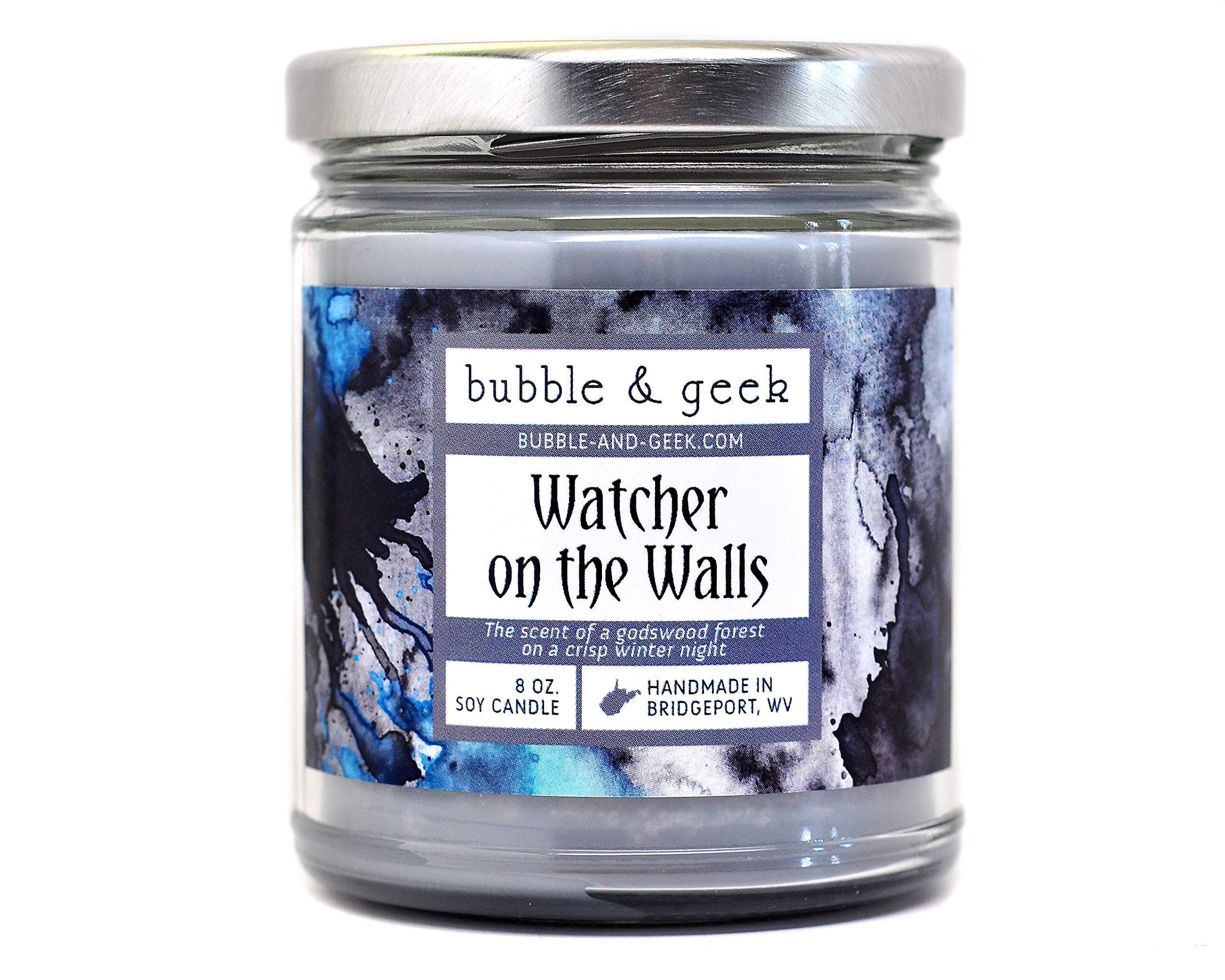 Bubble and Geek"Watcher on the Walls" Scented Soy Candle, woodsy, 8 oz Jar, Handmade in the USA, for book and tv lovers