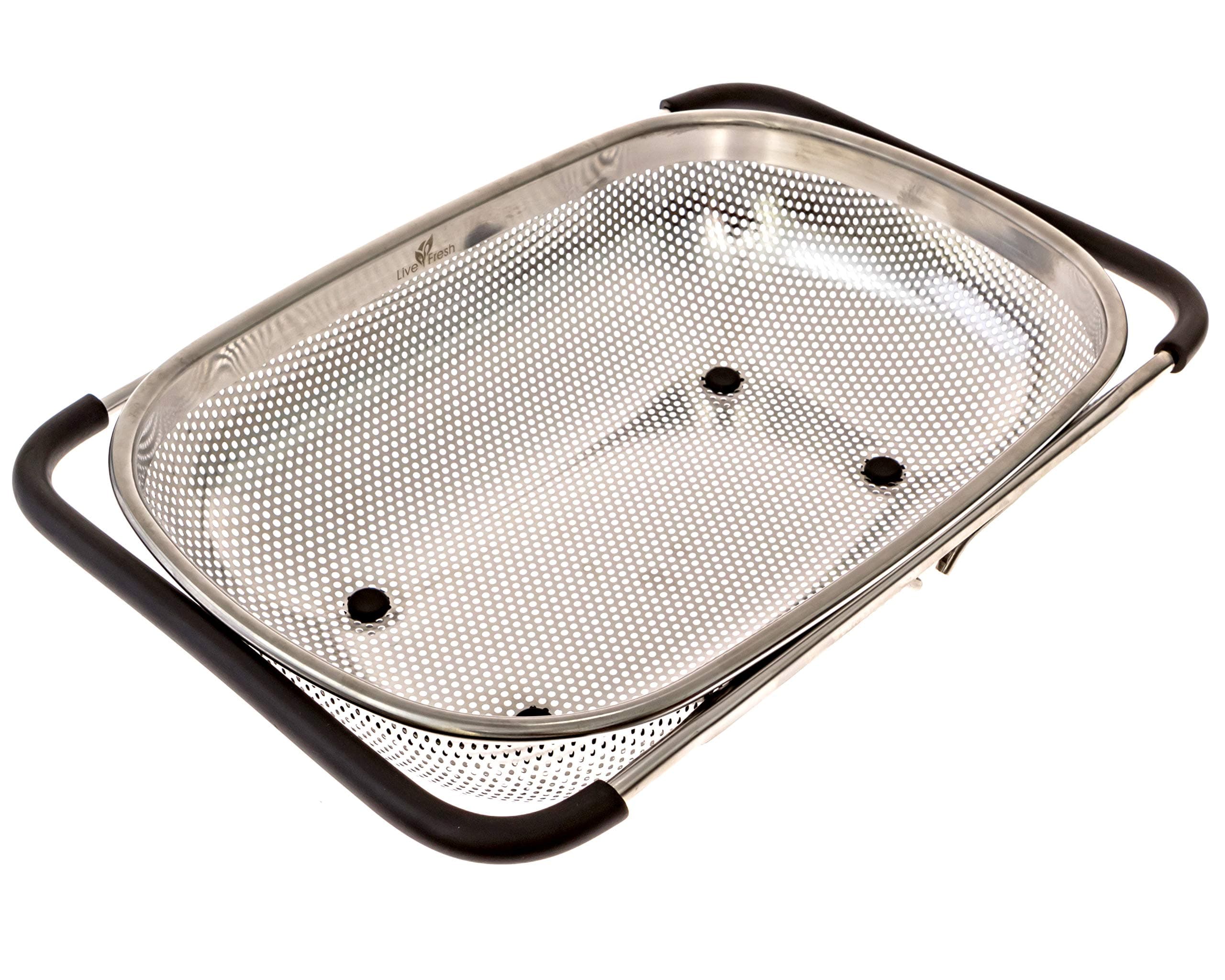 LiveFresh Over The Sink Micro-Perforated Stainless Steel 3.8 Liter / 4-Quart Colander with Non-Slip Handle Grips and Rubber Feet - Handles Extend to Fit Any Sink