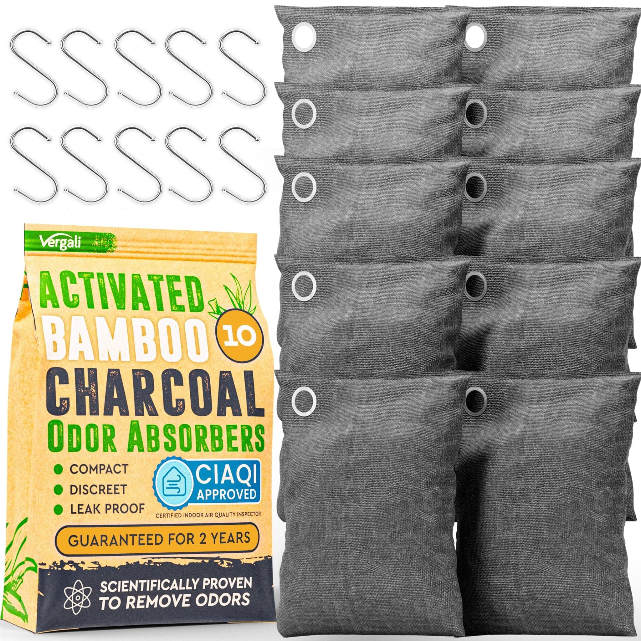 Activated Charcoal Odor Absorber 10x3.5oz w Hooks. Nature Fresh Bamboo Charcoal Air Purifying Bag. Home Car Closet Air Freshener Deodorizer Strong Odor Eliminator for Room, Drawer, Smoke Smell Remover
