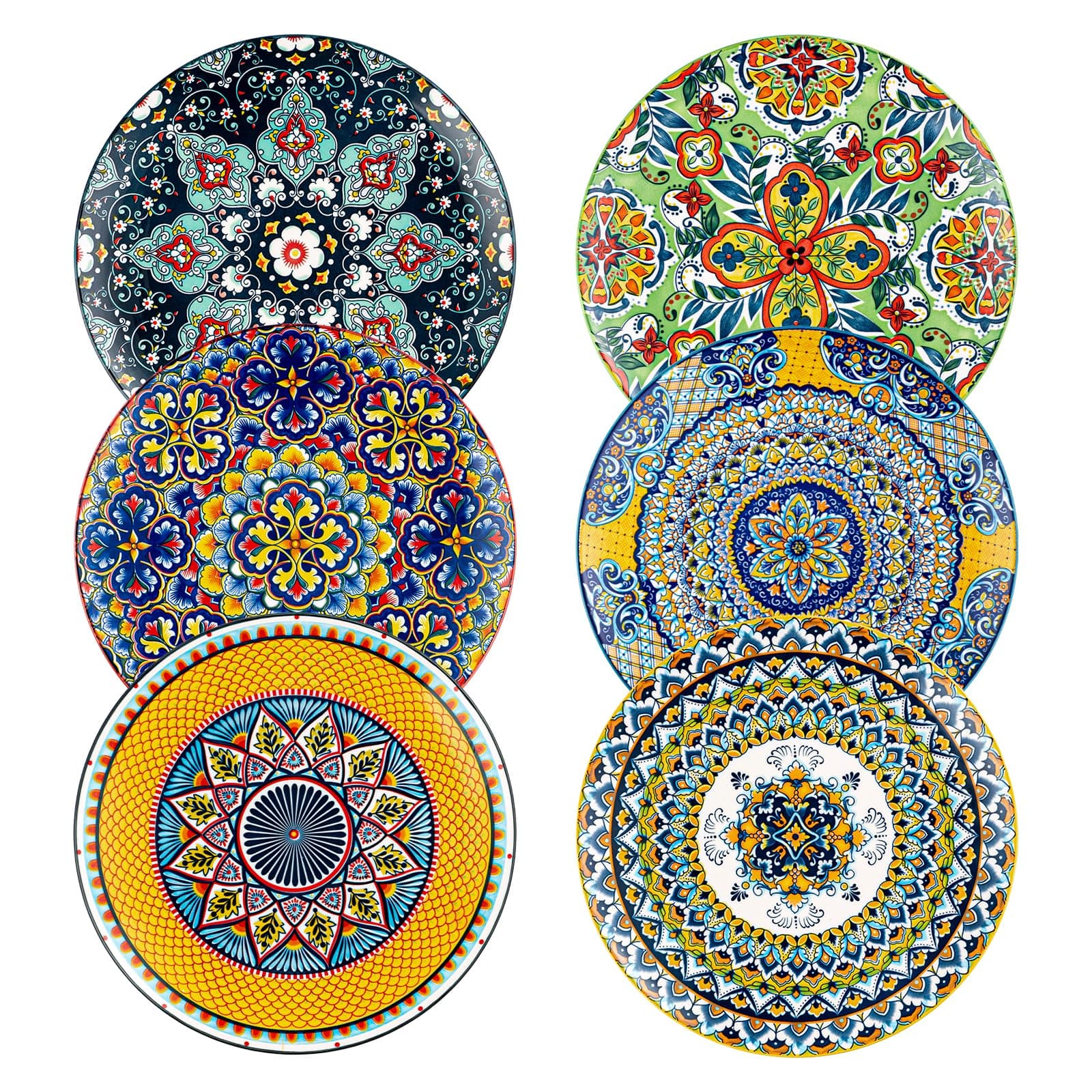 Dinner Plates Porcelain, 27 cm Salad Plates Coloured Breakfast Plates, 6 Piece Large Round Plate Set with Pattern and Colourful - Bohemian Style
