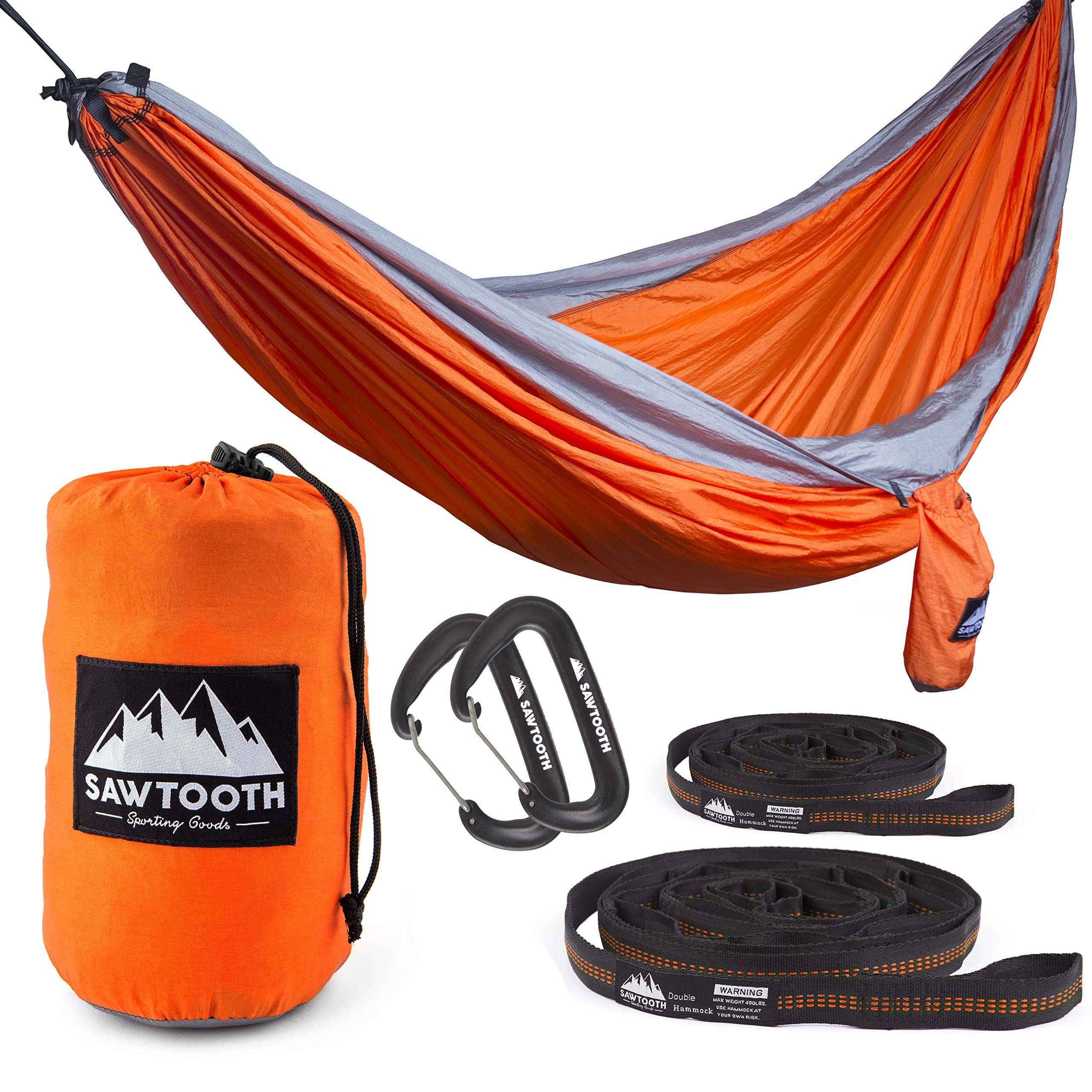 Sawtooth Double Camping Hammock with Tree Straps and Aluminum Carabiners - Complete KIT - Lightweight Portable Parachute Nylon for Backpacking Hiking Travel Beach Park Yard. (Orange)