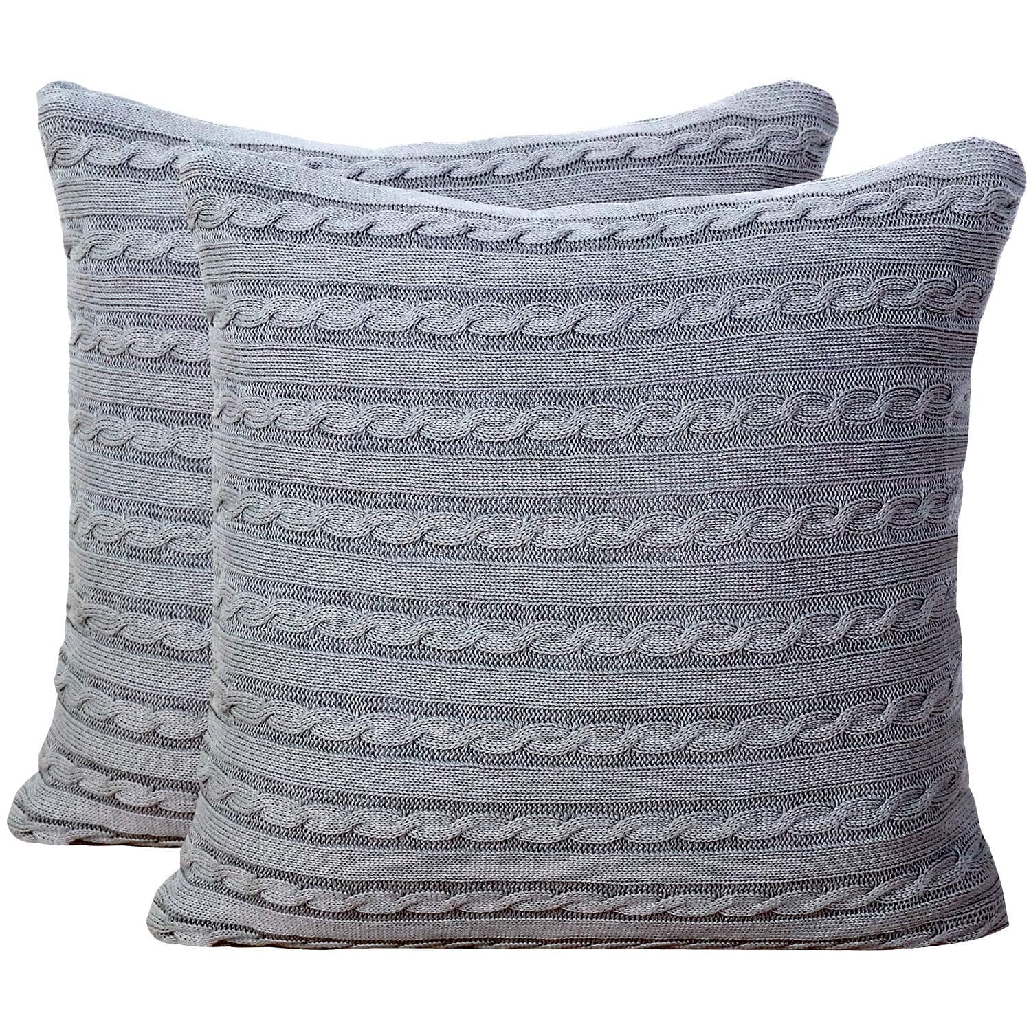 YOOFAN Cotton Cushion Cover- Set of 2 Square Covers for Cushions Knitted Throw Pillow Case home Decorative Pillow Covers for Sofa Bed with Invisible Zipper (Grey,45cm x 45cm)