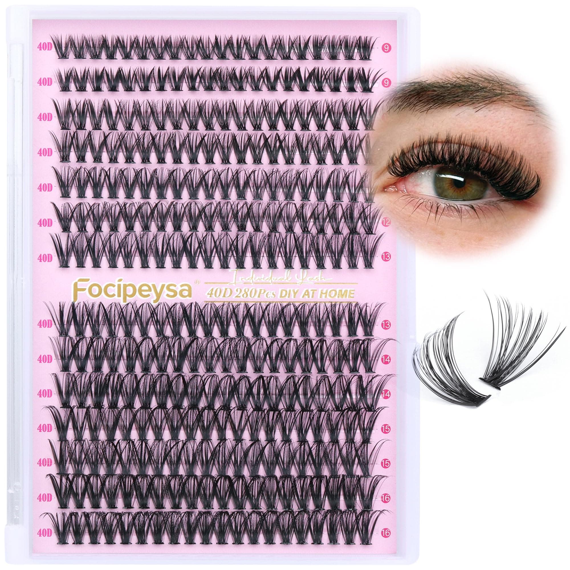 DIY Clusters Lashes 280pcs Individual Eyelashes Extension 40D Lash Clusters that Look Like Extensions D Curl DIY Clusters Lash Extension Self Application at Home by Focipeysa (40D-0.07D-9m-16mm Mixed)