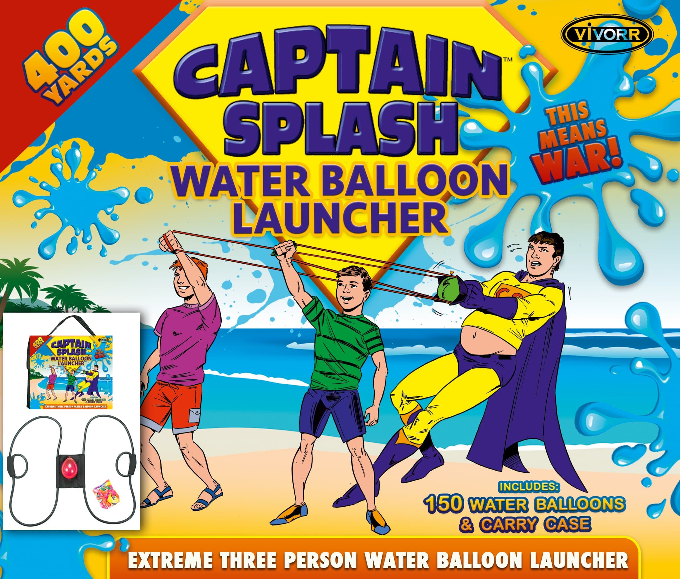 Water Balloon Launcher 400 Yards by Captain Splash, 3 Person Slingshot Cannon Catapult, 150 FREE Water Balloons & Carry Case Included. (Black, Extra Strong Latex Sling) 2019 Edition. Outdoor Games