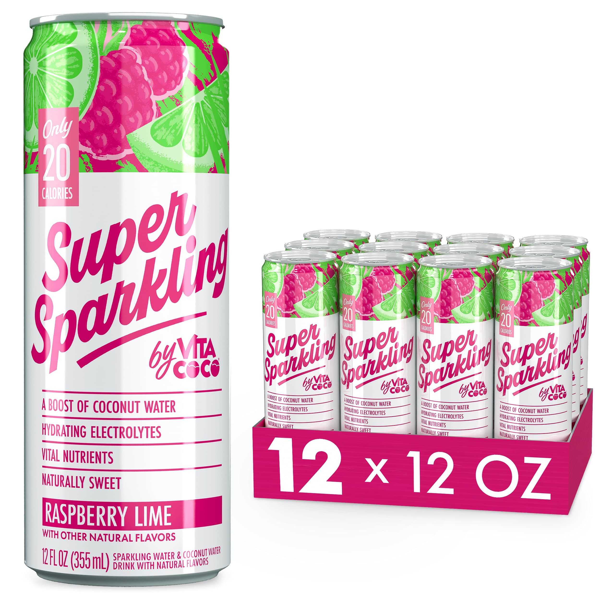 Vita Coco Super Sparkling Water, Raspberry Lime | Boosted with Coconut Water | 20 Calories | No Added Sugar | Refreshing Natural Fruit Flavor | Packed with Nutrients & Electrolytes|12 Oz (Pack of 12)