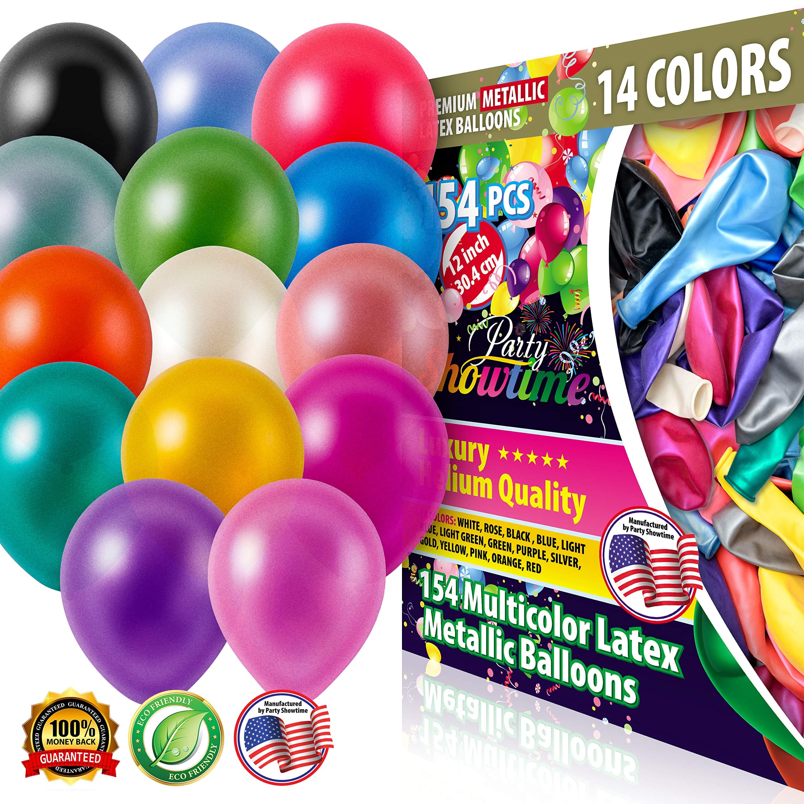PartyShowtime Assorted Latex Balloons 12 inch Pack of 154 Multicolor Thick Latex Party Balloons for Helium or Air Use Ideal for Birthdays Weddings Graduation Ceremonies Bridal and Baby Shower