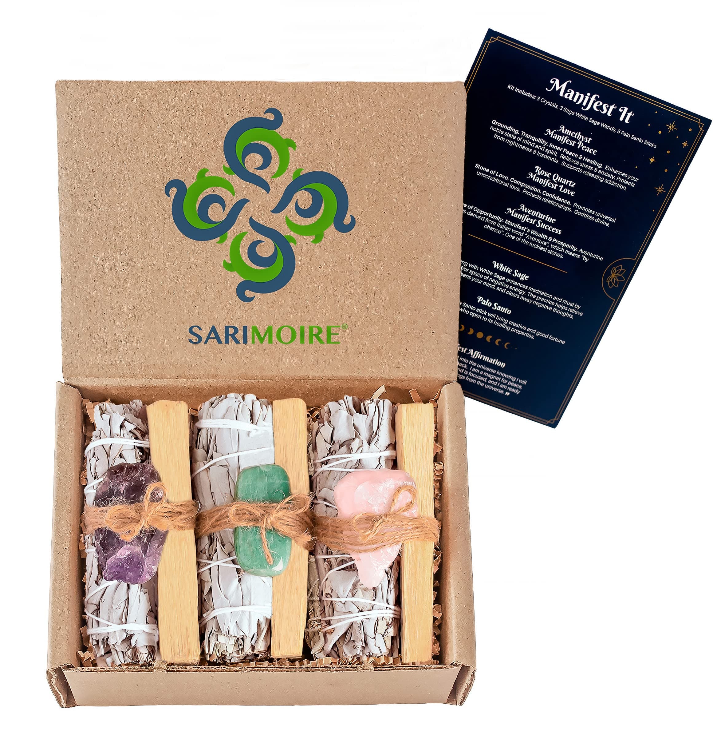 Metaphysical Spiritual Supplies - White Sage Bundles Palo Santo Sticks Amethyst Rose Quartz Aventurine Crystals Stones - Manifest It Kit