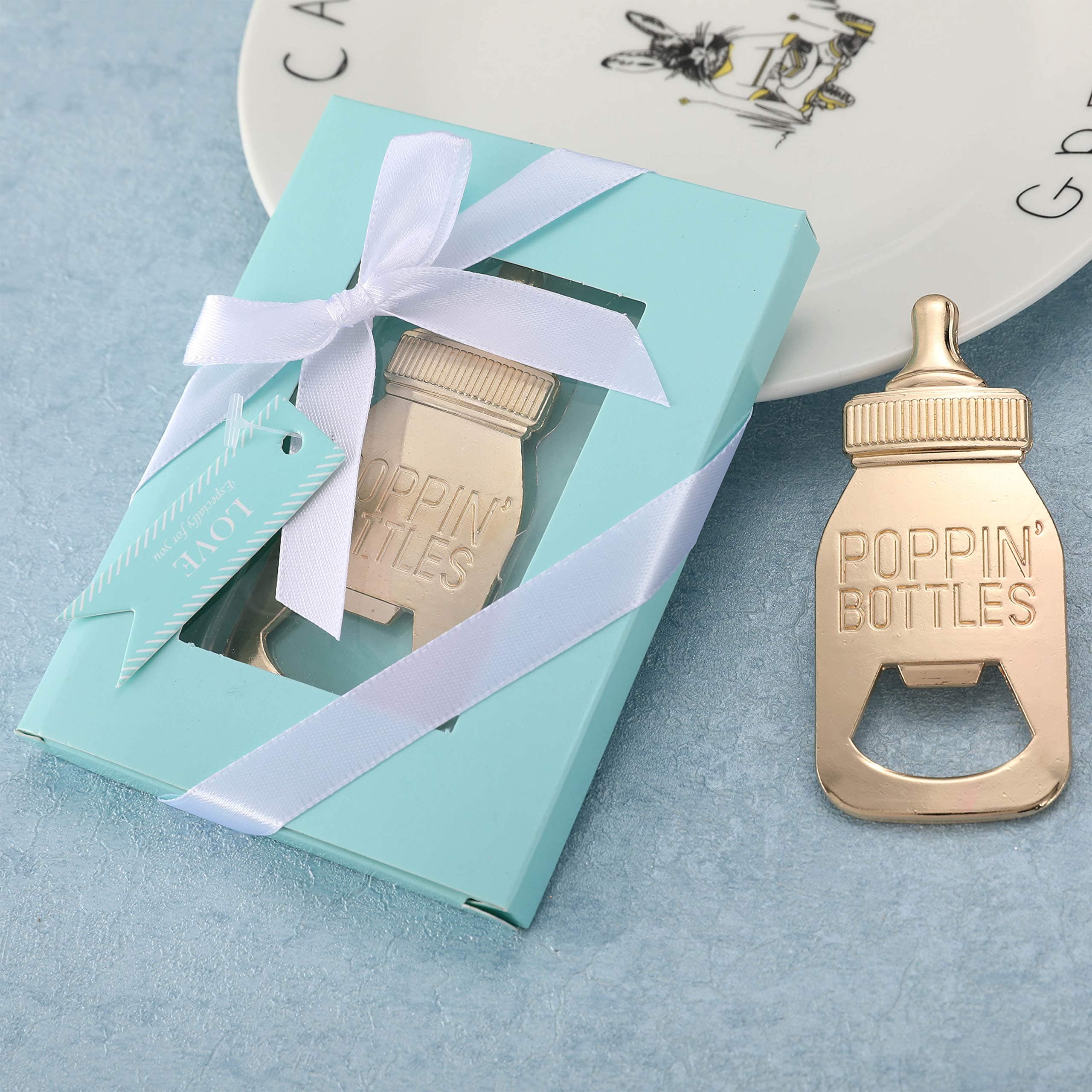 PARTYGOGO24pcs POPPIN BOTTLES Shape Bottle Opener for Baby Shower Favors Bridal Shower Birthday Party Decoration Wedding Favors for Guests with Gift Box (Blue POPPIN BOTTLES, 24)