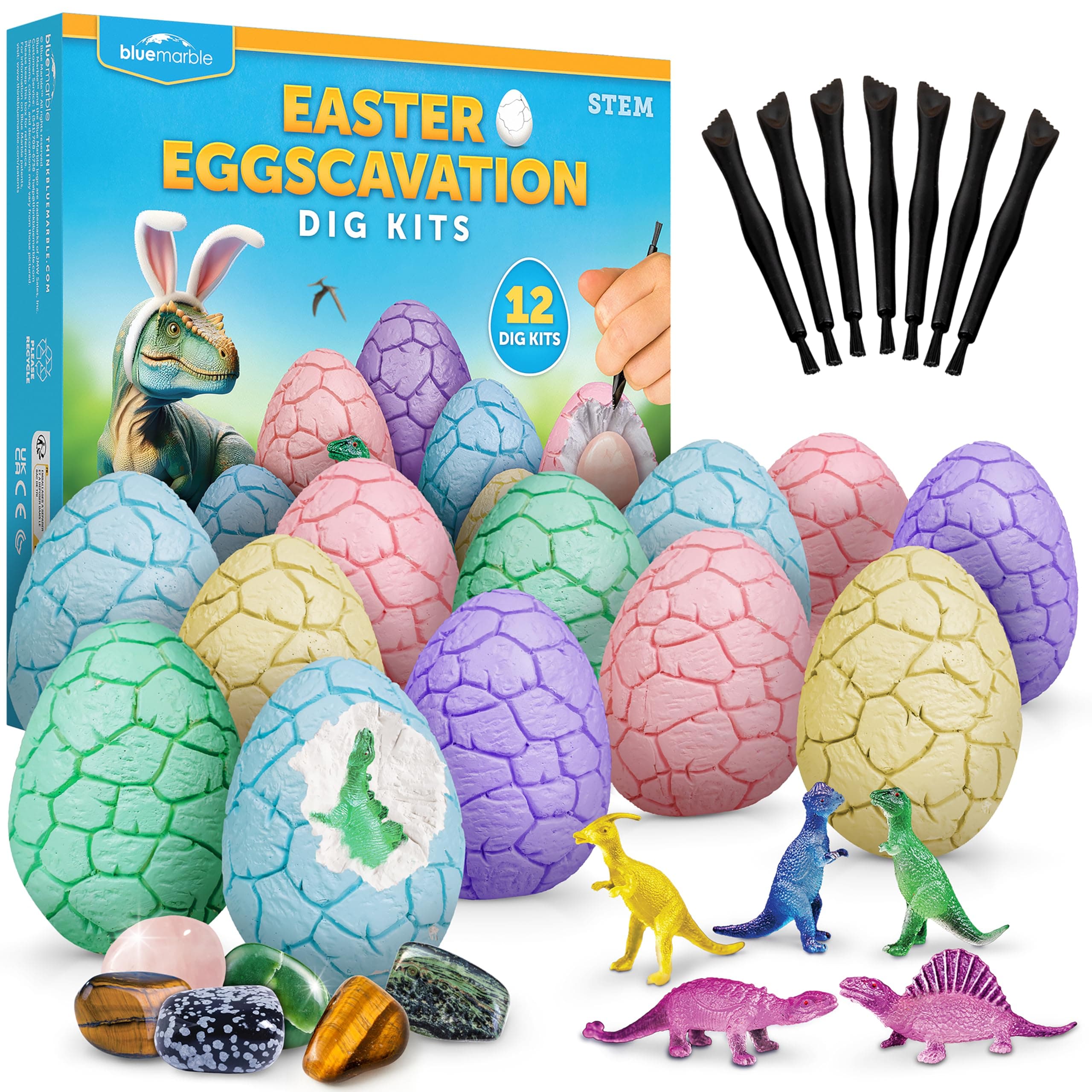 Blue Marble Easter Eggscavation Dig Kit - 12 Easter Egg Dig Bricks with Real Gemstones & Glow in The Dark Dinosaur Figures, Includes Dig Tools, Egg Hunt or Dig Party Activity, Easter Basket Stuffers
