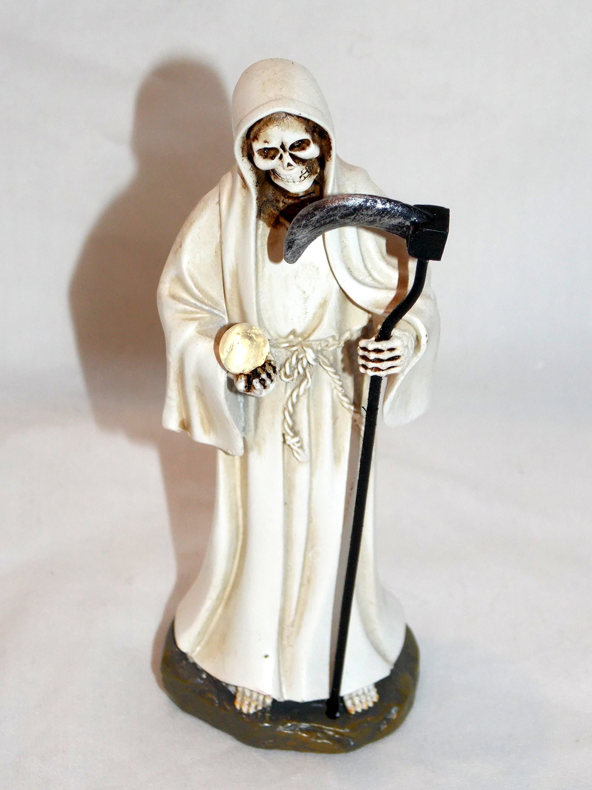 New Santa Muerte Grim Reaper Wearing a White Cloak Holding a Scythe & Globe Figurine Statue