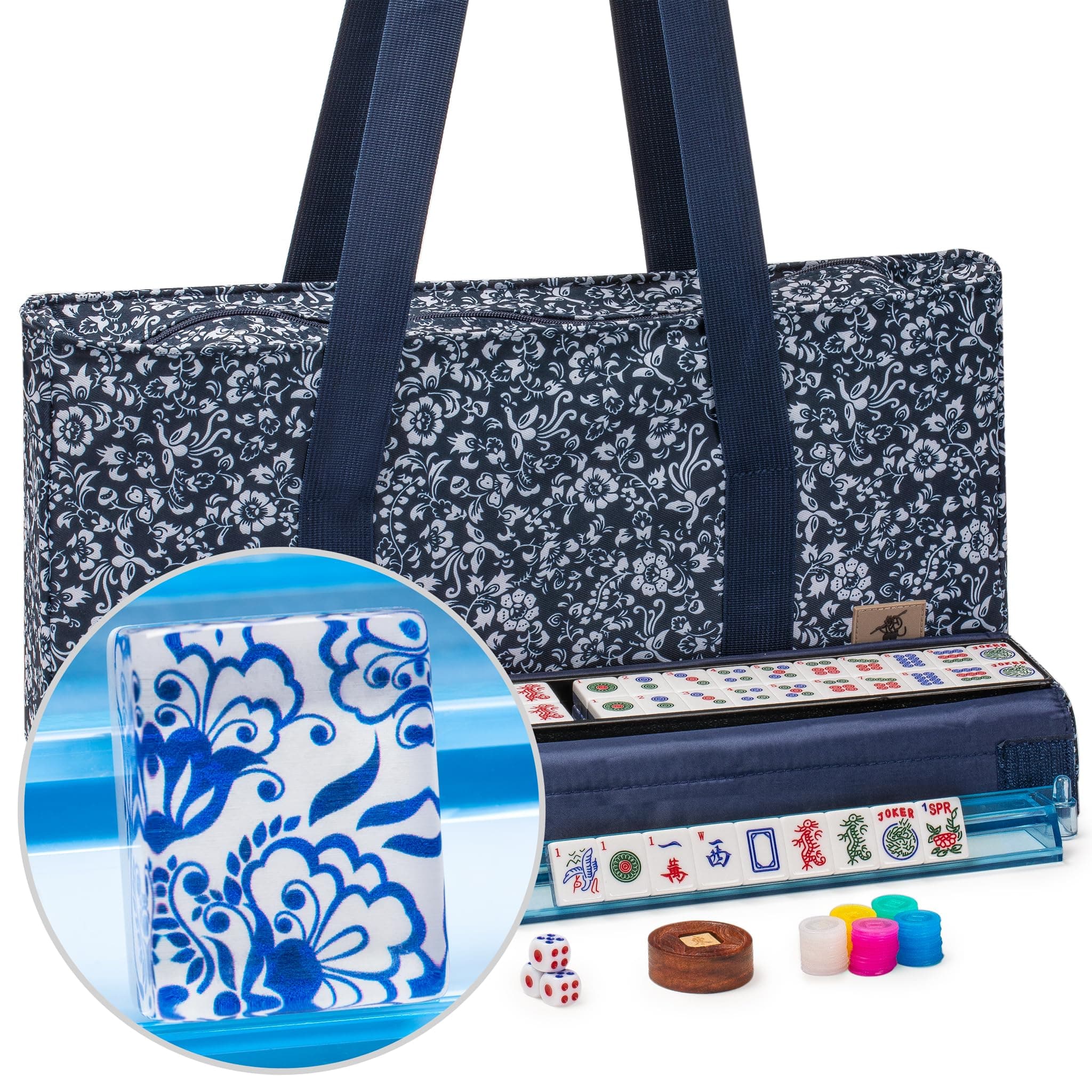 American Mahjong Set, Chinoise II with Floral Blue Soft Case - All-in-One Racks with Pushers, Wright Patterson Betting Coins, Dice, & Wind Indicator