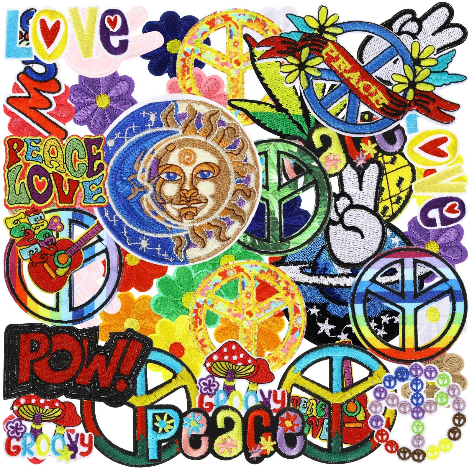 Ferraycle 48 Pcs Iron On Patches Hippie Embroidered Patches Random Assorted Styles Kit Aesthetic Repair Appliques for Sewing DIY Jacket Hat Clothing Backpack Jean 1970s Party