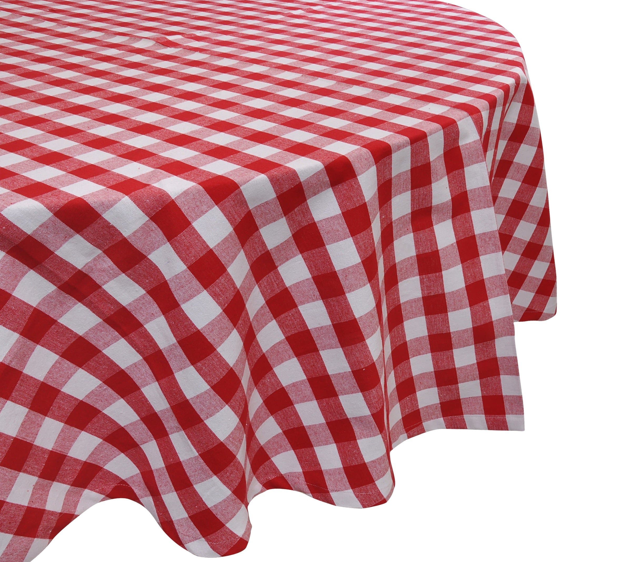 Yourtablecloth 100% Cotton Checkered Buffalo Tablecloth – Ideal for Home, Restaurants, Cafés – Everyday Dinner, Parties, Picnic, Holidays, 70" Round Red and White