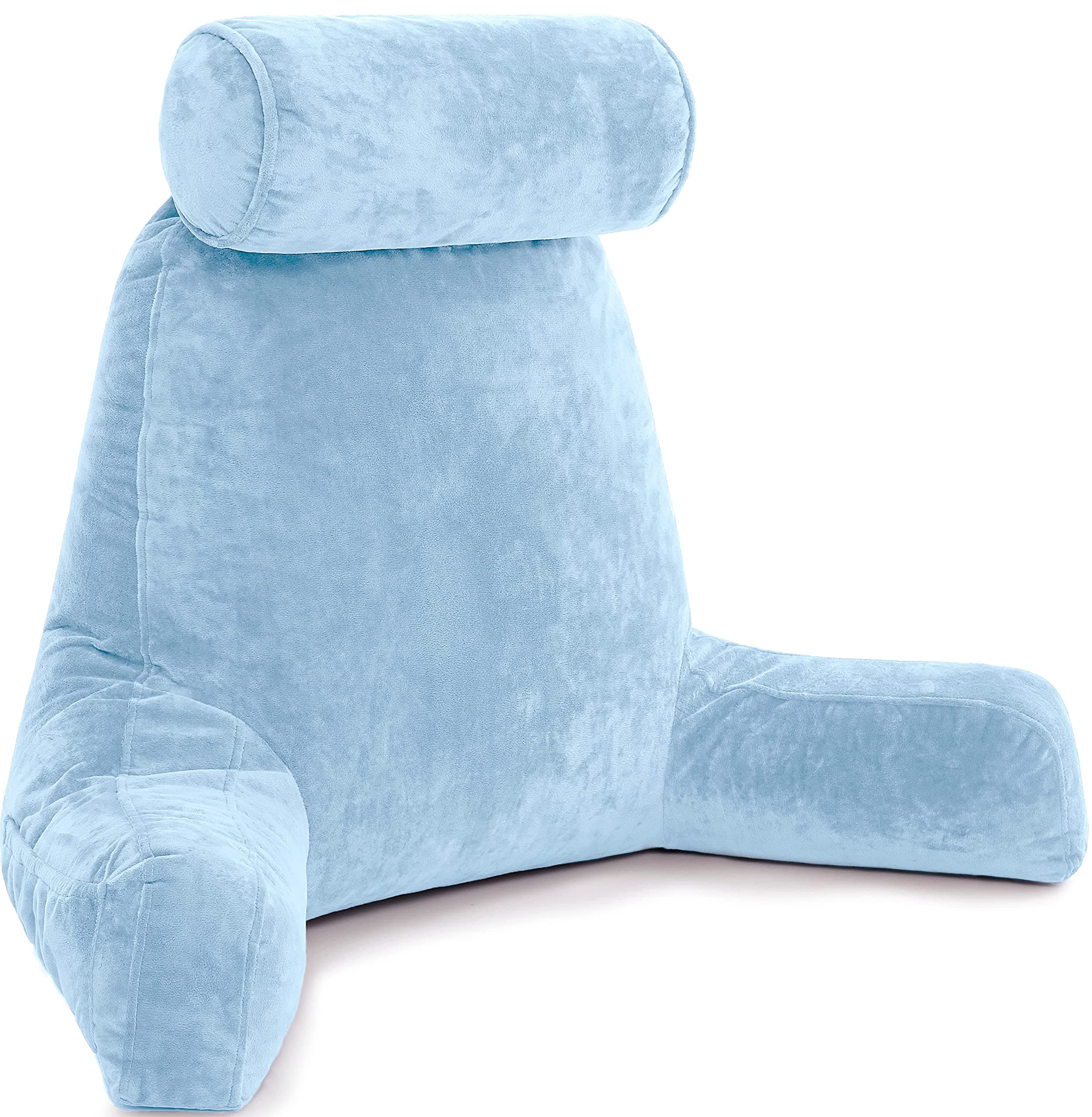 Husband PillowSky Blue, Big Reading & Bed Rest Pillow with Arms - Sitting Up Tall - Premium Shredded Memory Foam, Detachable Neck Roll on Bungee, Removable Covers & Zipper for Adjustable Loft