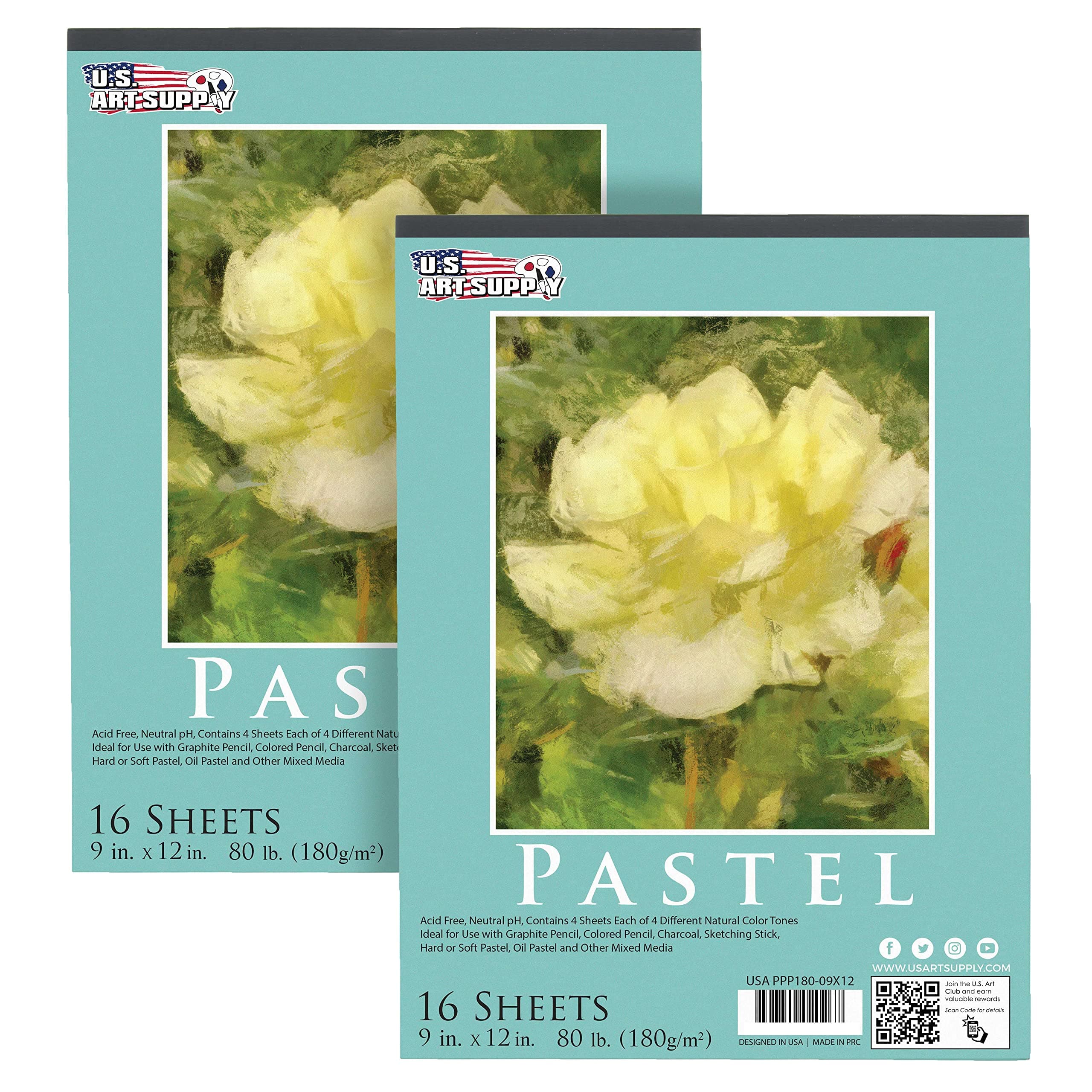 U.S. Art Supply 9" x 12" Premium Pastel Paper Pad, 80 Pound (180gsm), Assorted Natural Tone Paper Colors, Pad of 16-Sheets (Pack of 2 Pads)