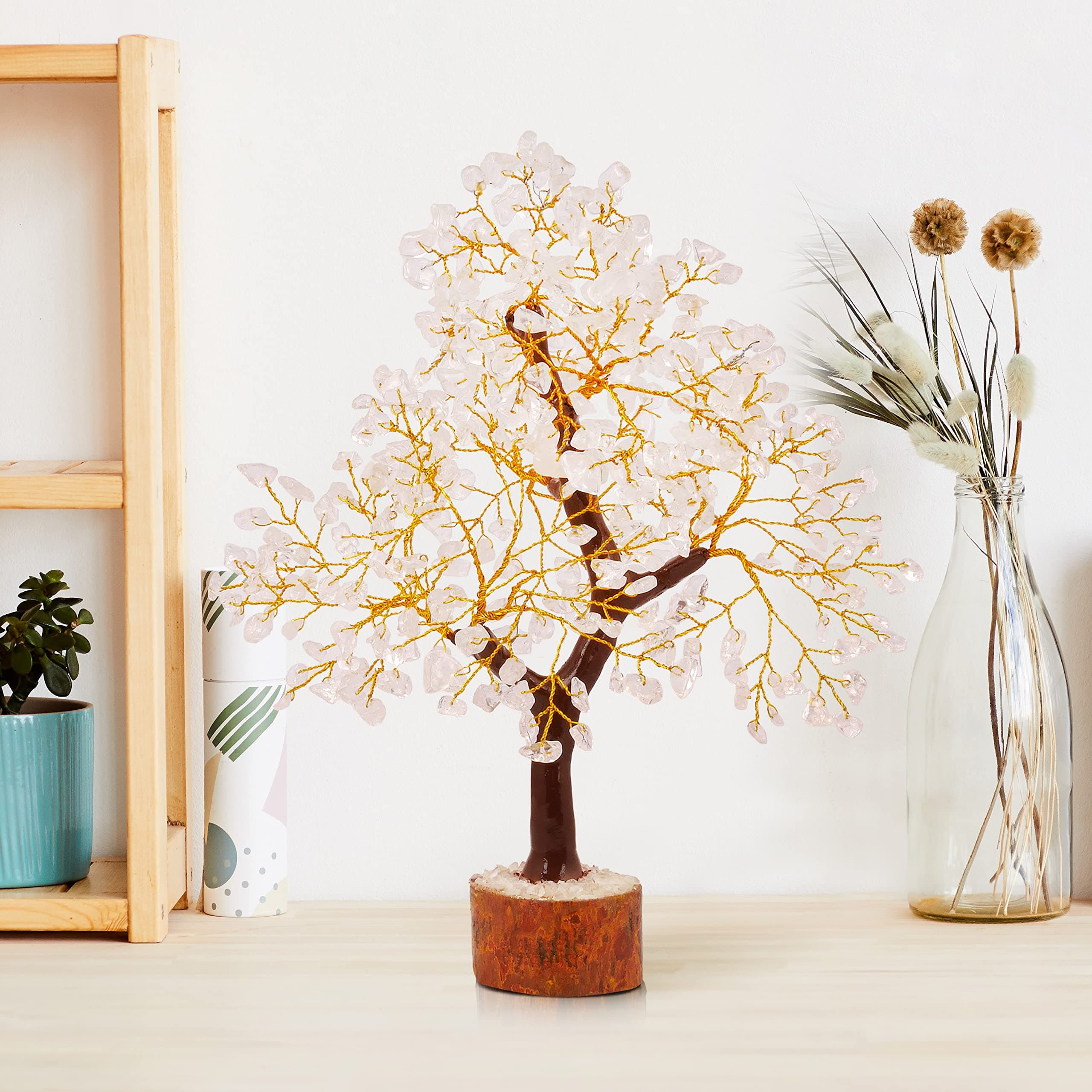 PREK Seven Chakra Crystal Gemstone Bonsai Money Tree with Golden Wire and 300 Beads Figurine Standard Size - Clear Quartz, 1 Piece