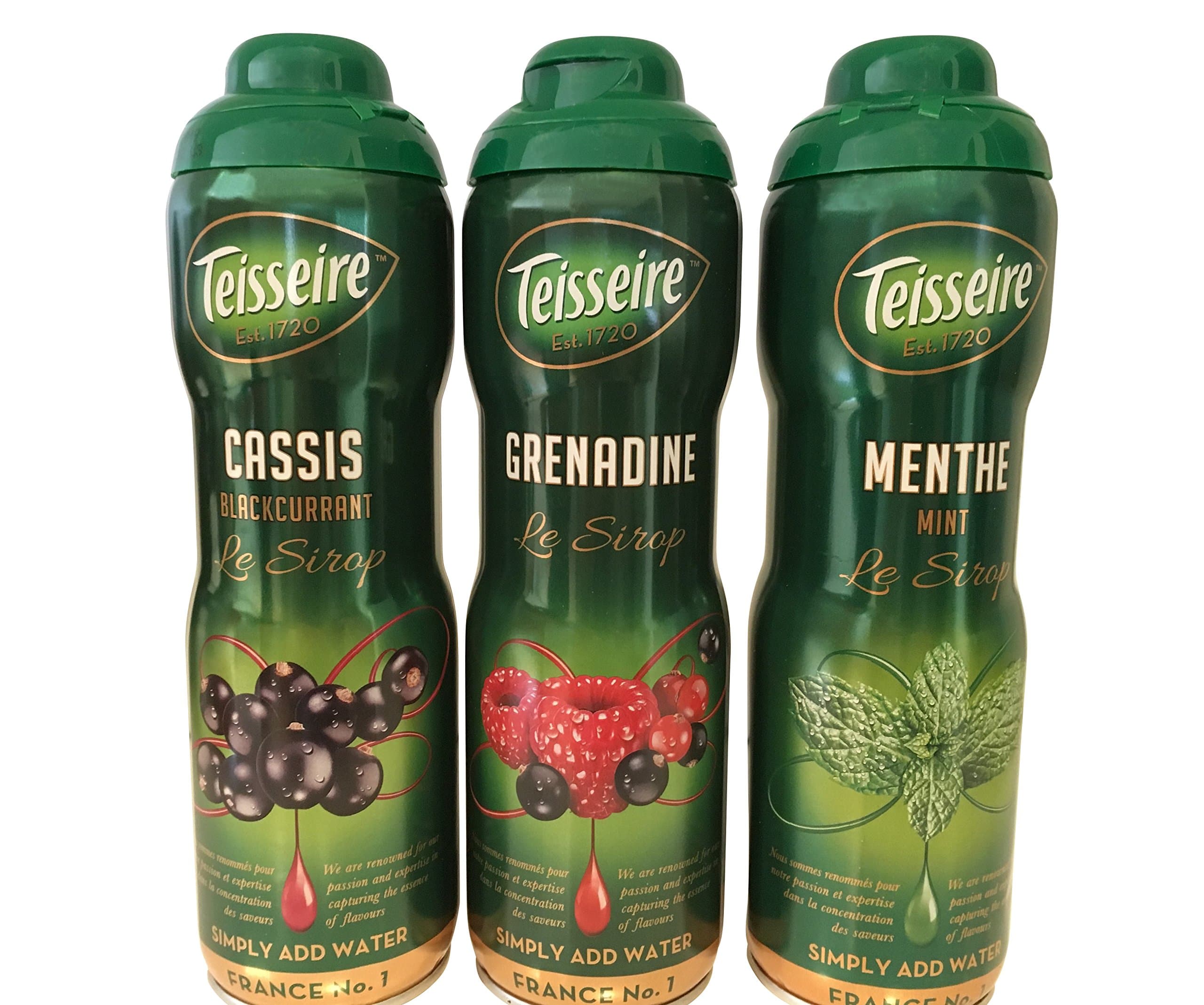 Teisseire Concentrated Syrup Variety Pack with one of each flavor , Mint, Grenadine and Cassis, 20 ounces each, 3 items