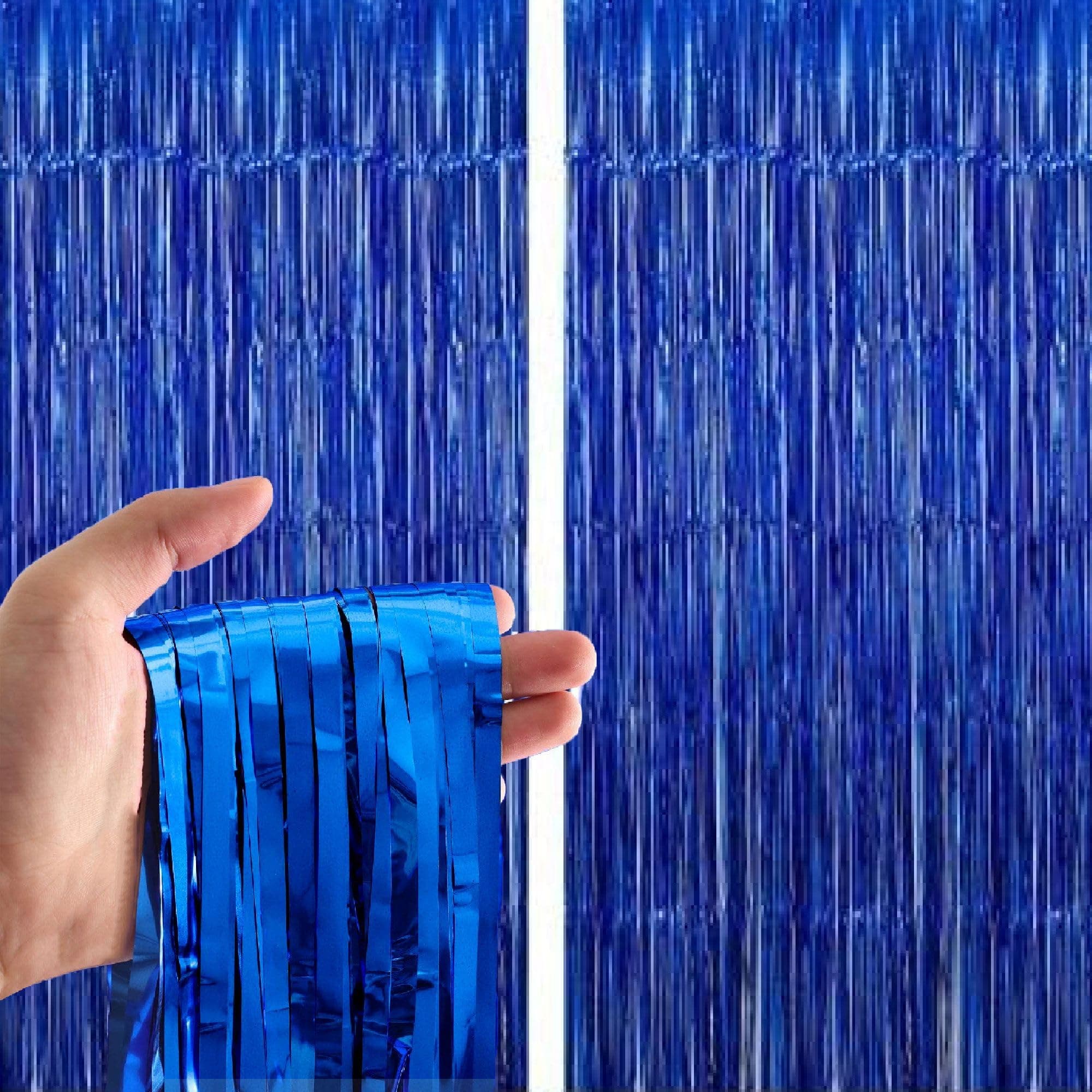 Birthday Popper 2 Pcs Blue Fringe Curtains | 3.5ft x 6.5ft Each | Metallic Backdrop Streamers, Baby Shower, Event Decorations