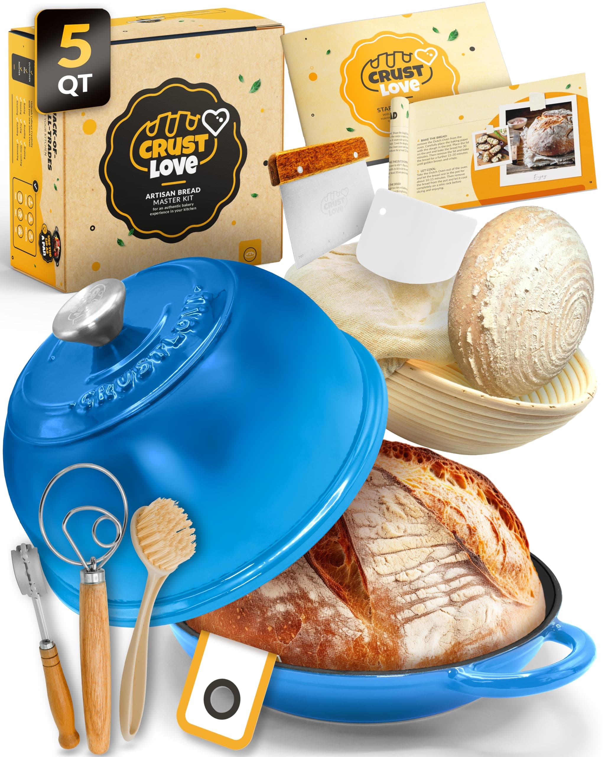 Dutch Oven Bread Baking - 5QT Enamel Bread-Dome - incl Sourdough Bread-Baking Suppliers like Dough Whisk Scoring Lame etc Bread-Oven Cast Iron for Sour dough Bread-Pan with Lid, Bread-making