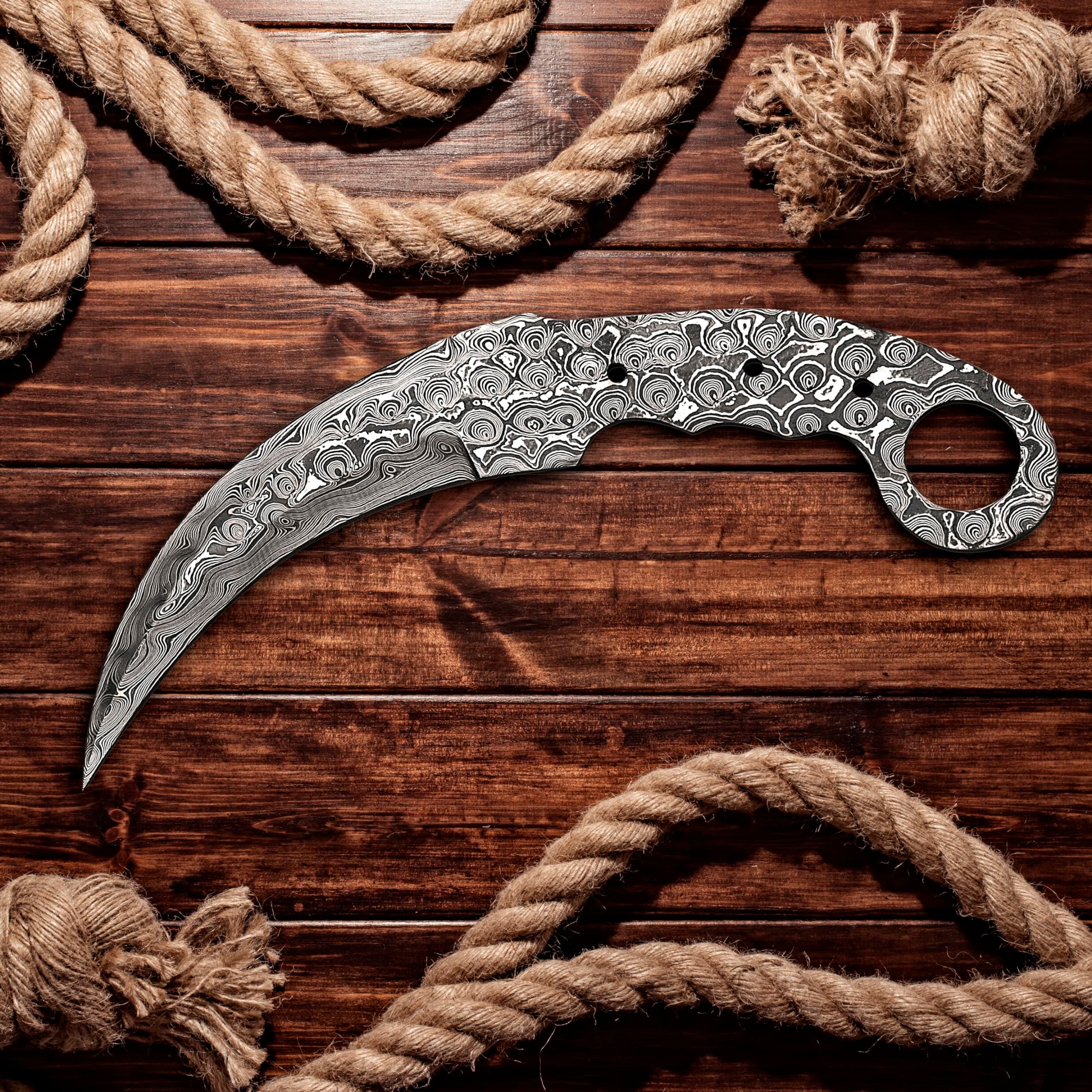 Damascus Steel Hunting Knife Kit, 8.5 Inches Overall, Fixed Blade, Leather Sheath, DIY Knife making Supplies…