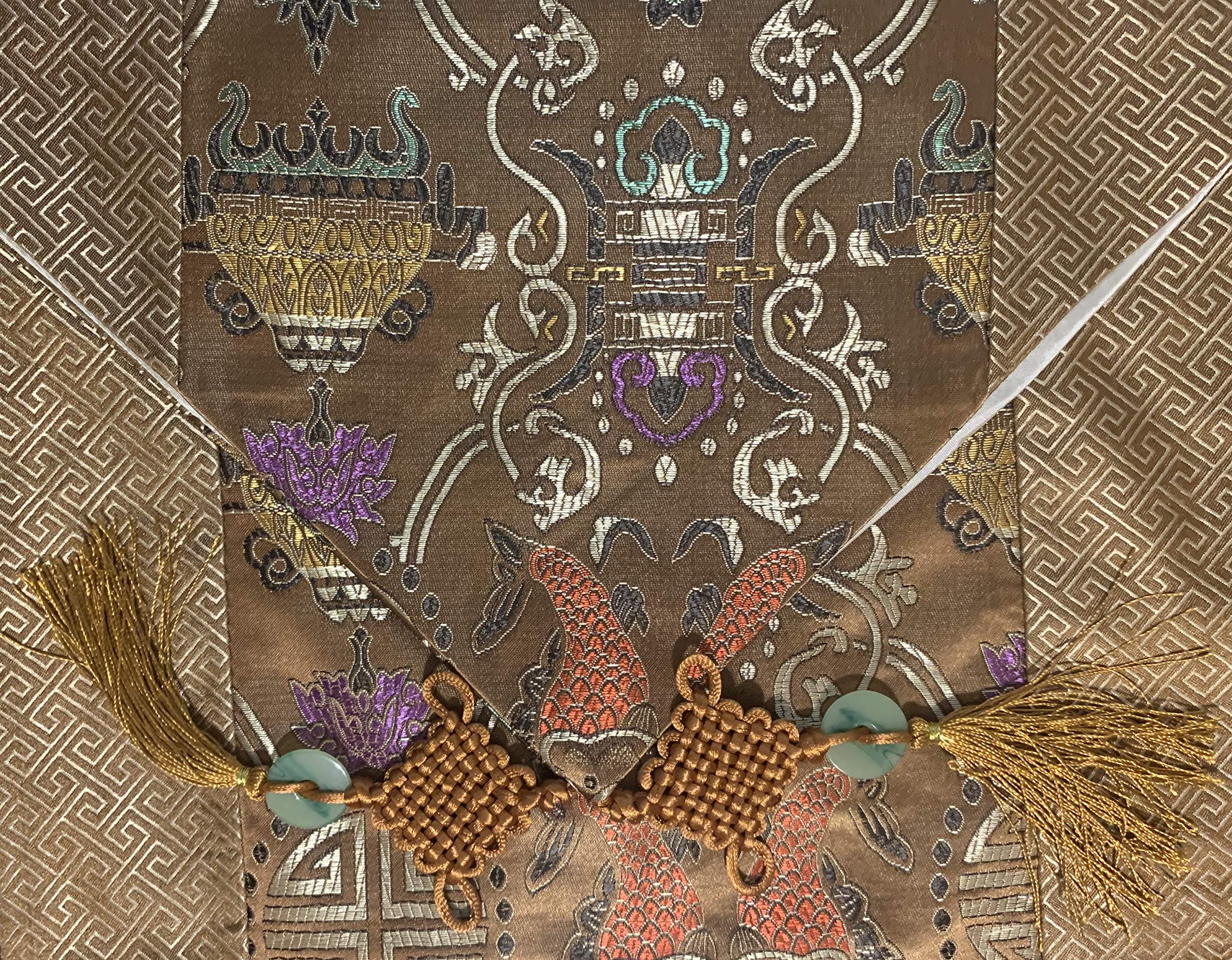 Asian Express Imports Brown Brocade Table Runner in Chinese Design