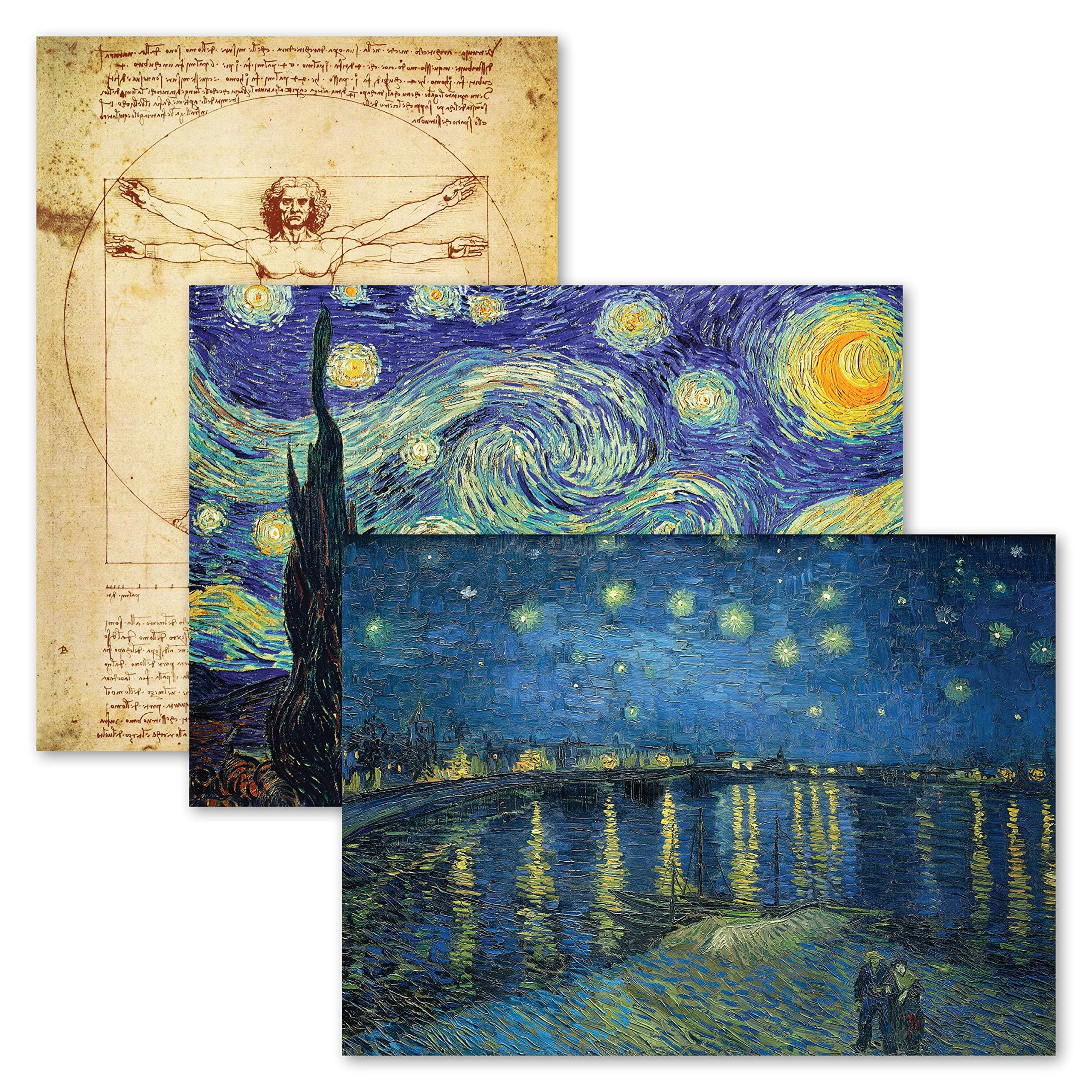 3 Pack - Vitruvian Man by Leonardo Da Vinci + Starry Night & Over the Rhone by Vincent Van Gogh - Fine Art Poster Prints (LAMINATED, 18" x 24")