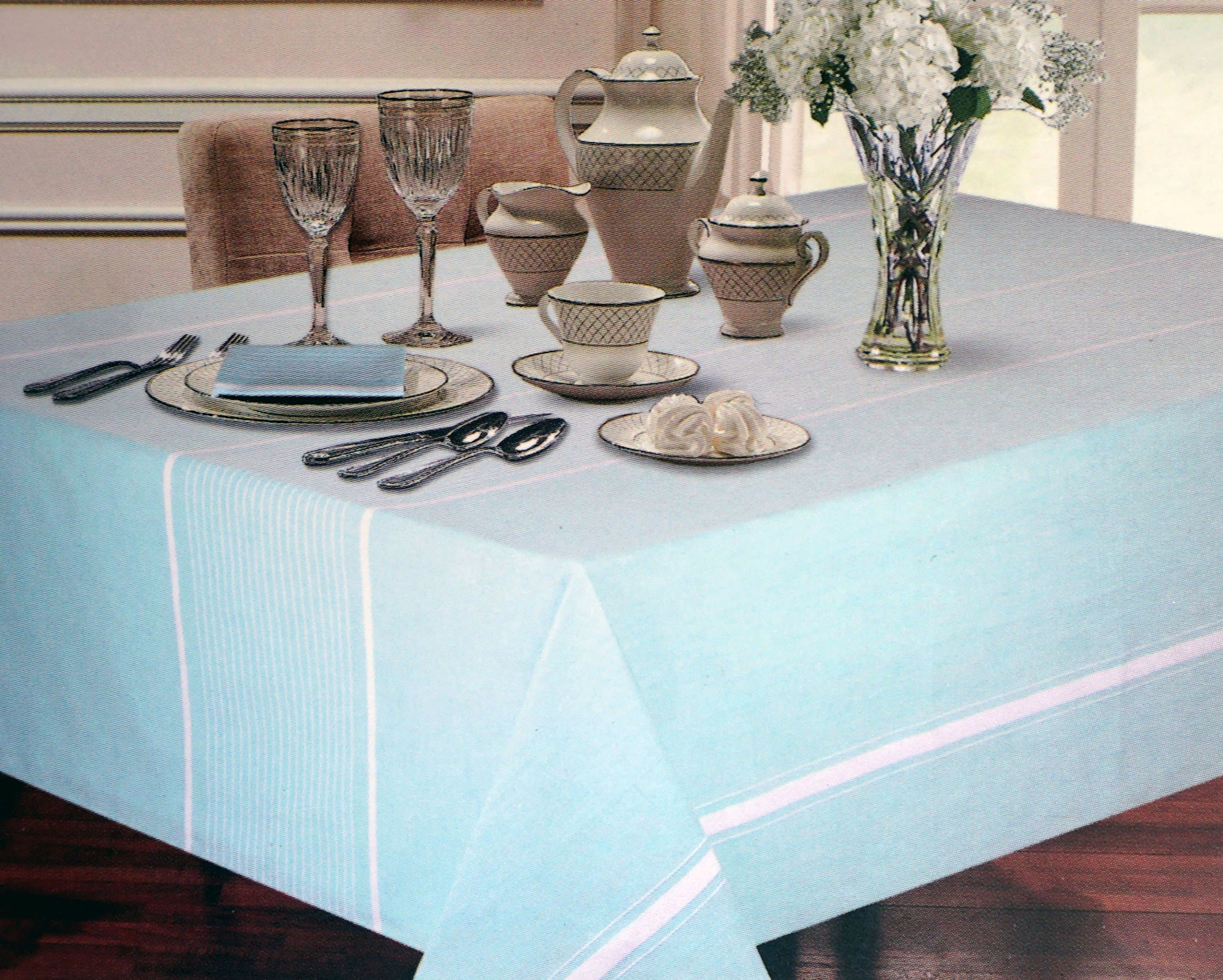 Tablecloth Fabric Cotton White Stripes on Aqua Blue Turquoise, Calico Design Square -- 60 Inches by 60 Inches