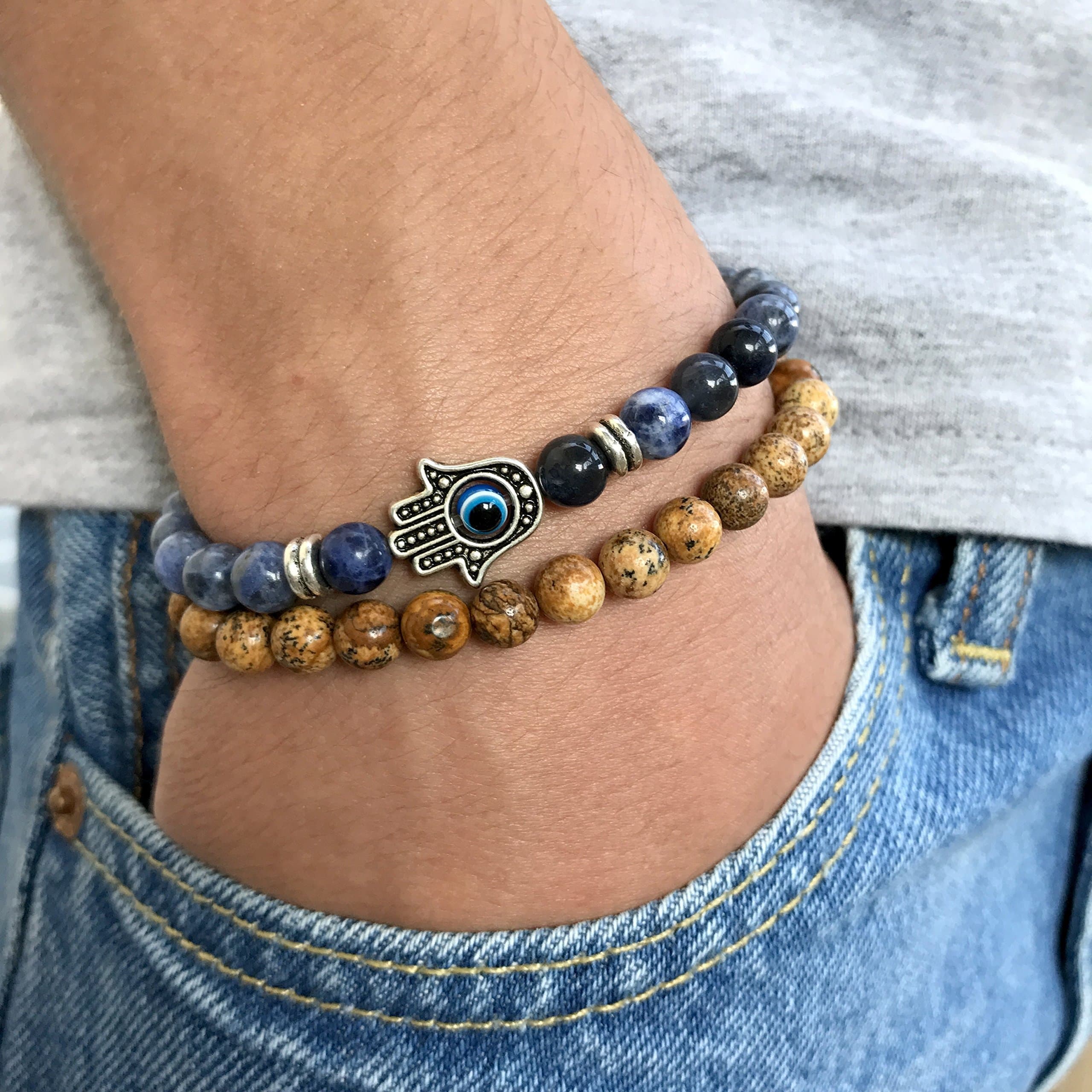 Hamsa Bracelet, Men Bracelet with Hamsa charm, Blue Beige Beads, Birthday Gift for Men,two pieces Jewelry, For Luck Jewelry