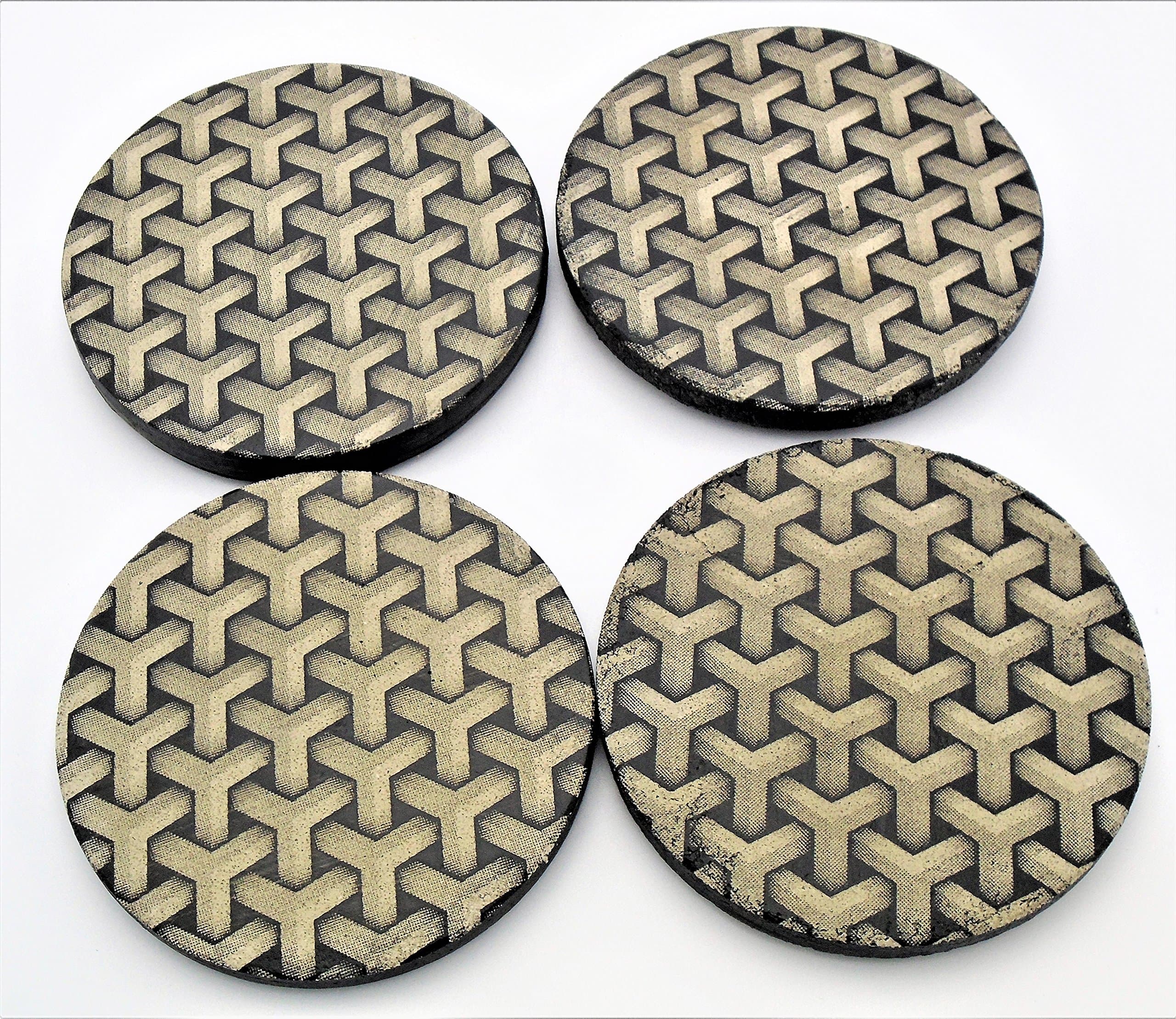 Concrete Coasters (Set of 4) Optical Illusion Black Laser Etched Handcrafted