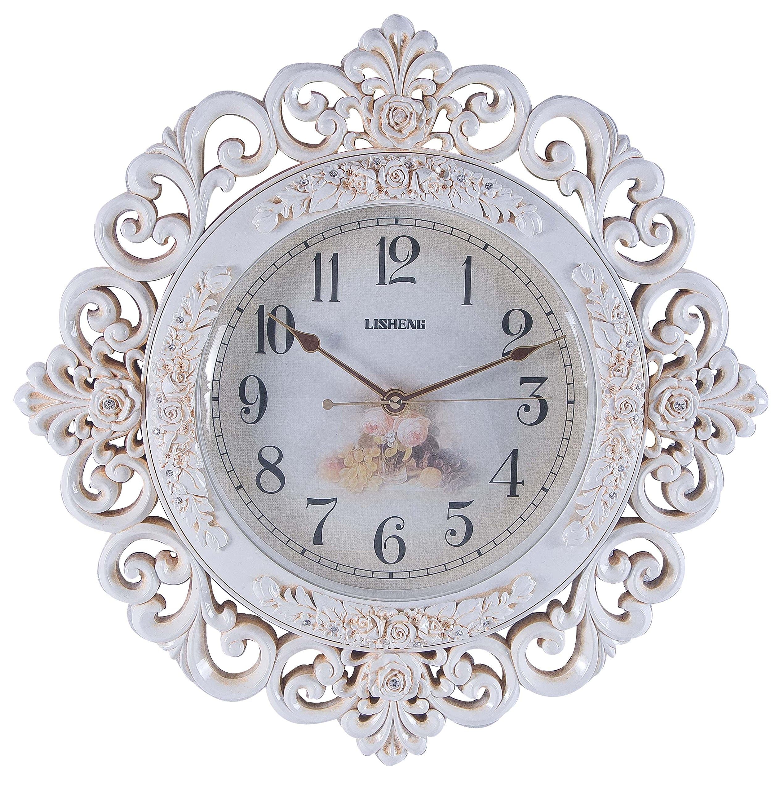 Lisheng Large Ornate Round Cream Resin Wall Clock 48.5 x 8.5 x 48.5 cm, For dining Room, Living Room, Lounge, Hallway and Kitchen.