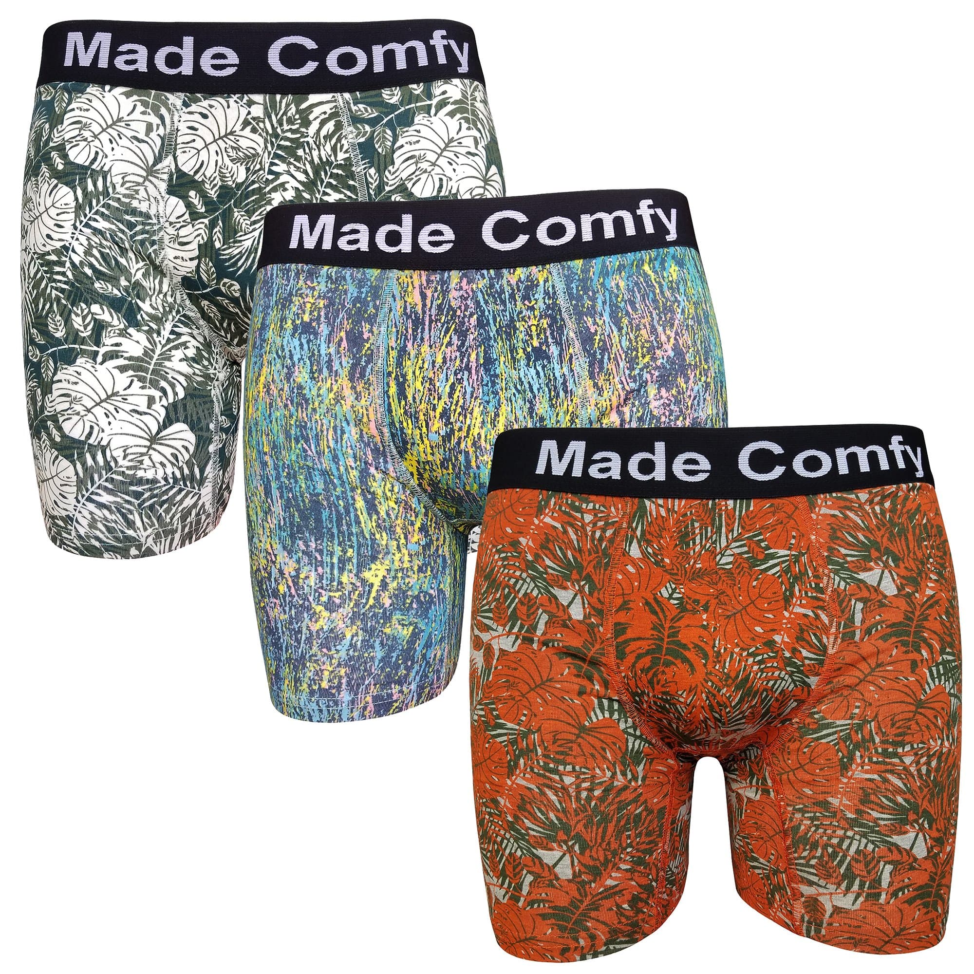 MadeComfy Men's Cotton Boxer Briefs Comfort Underwear (Large, Orange/Green/Dark Green)